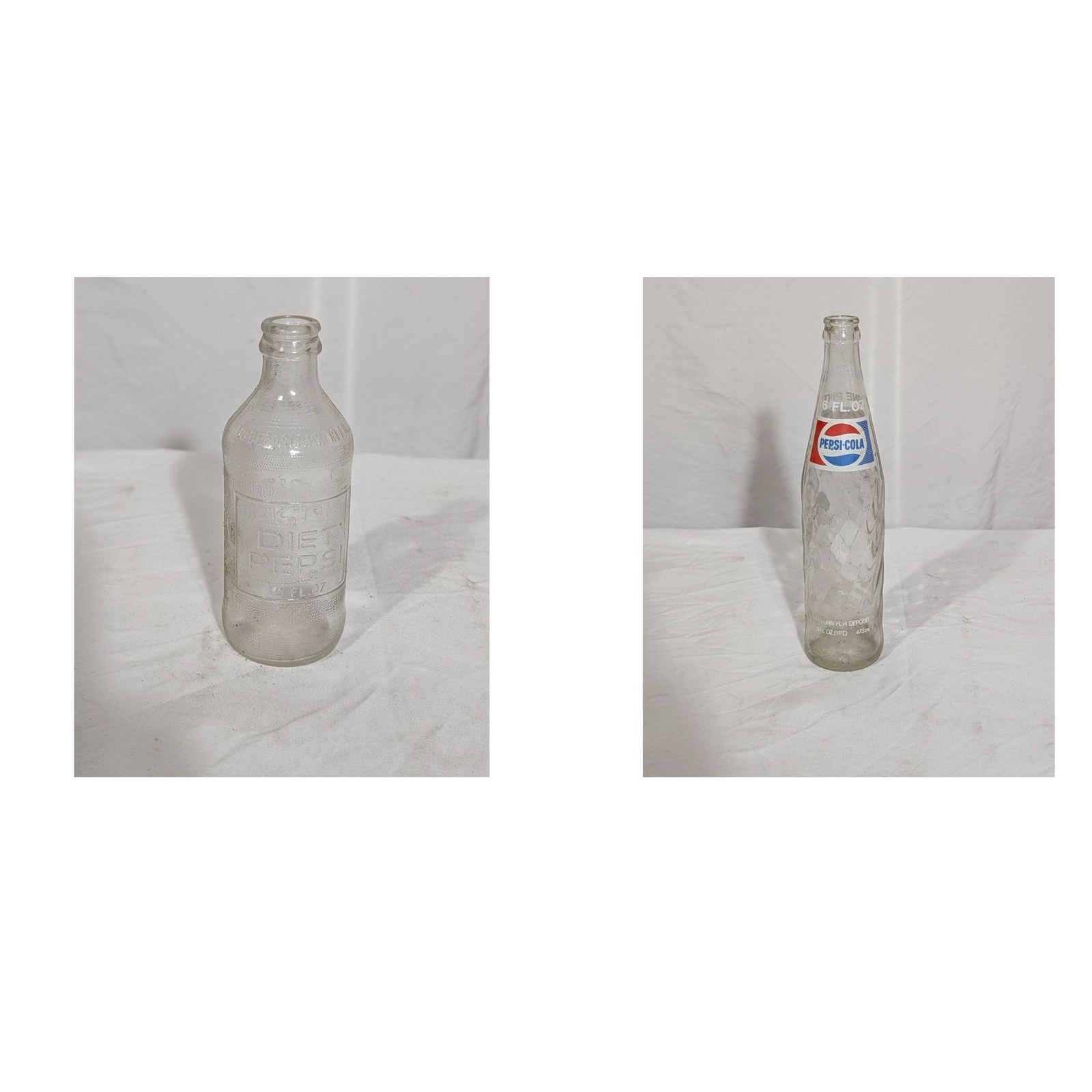 Pepsi-Cola Vintage Glass Bottle Lot 2 Diet Pepsi 10oz Swirl 16oz 1970s Globe