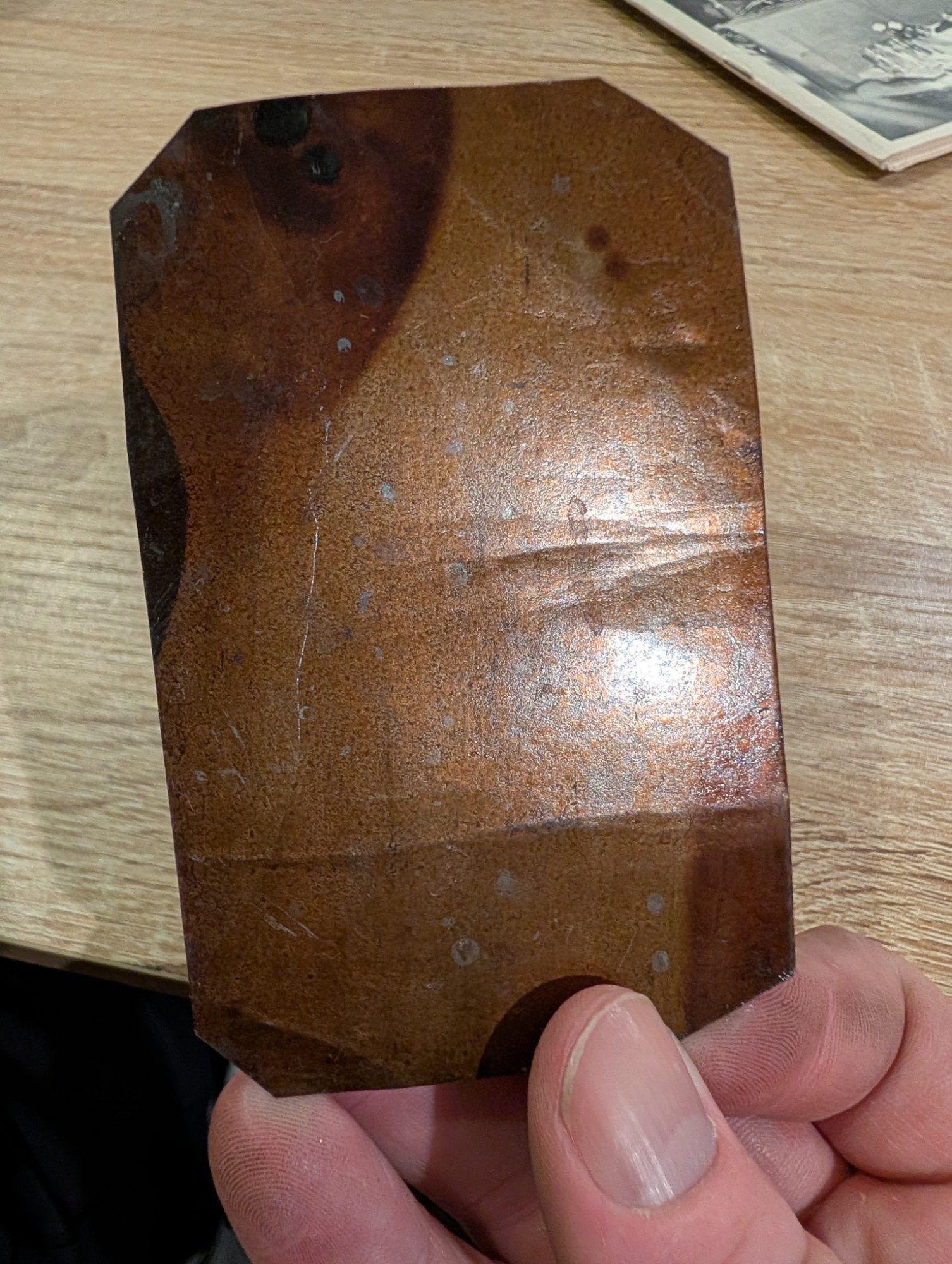 Antique Copper Intaglio Printing Plate Clipped Corners Thumb Notch 4x6 in