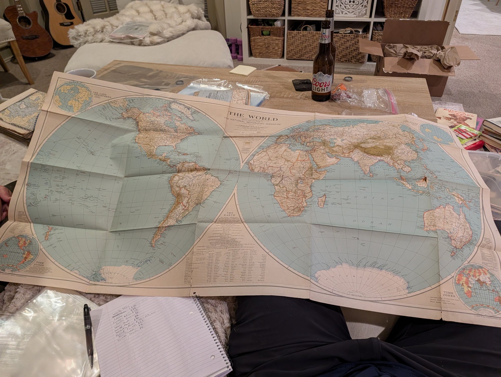 National Geographic 1935 World Map Double Hemisphere Supplement Folded Original
