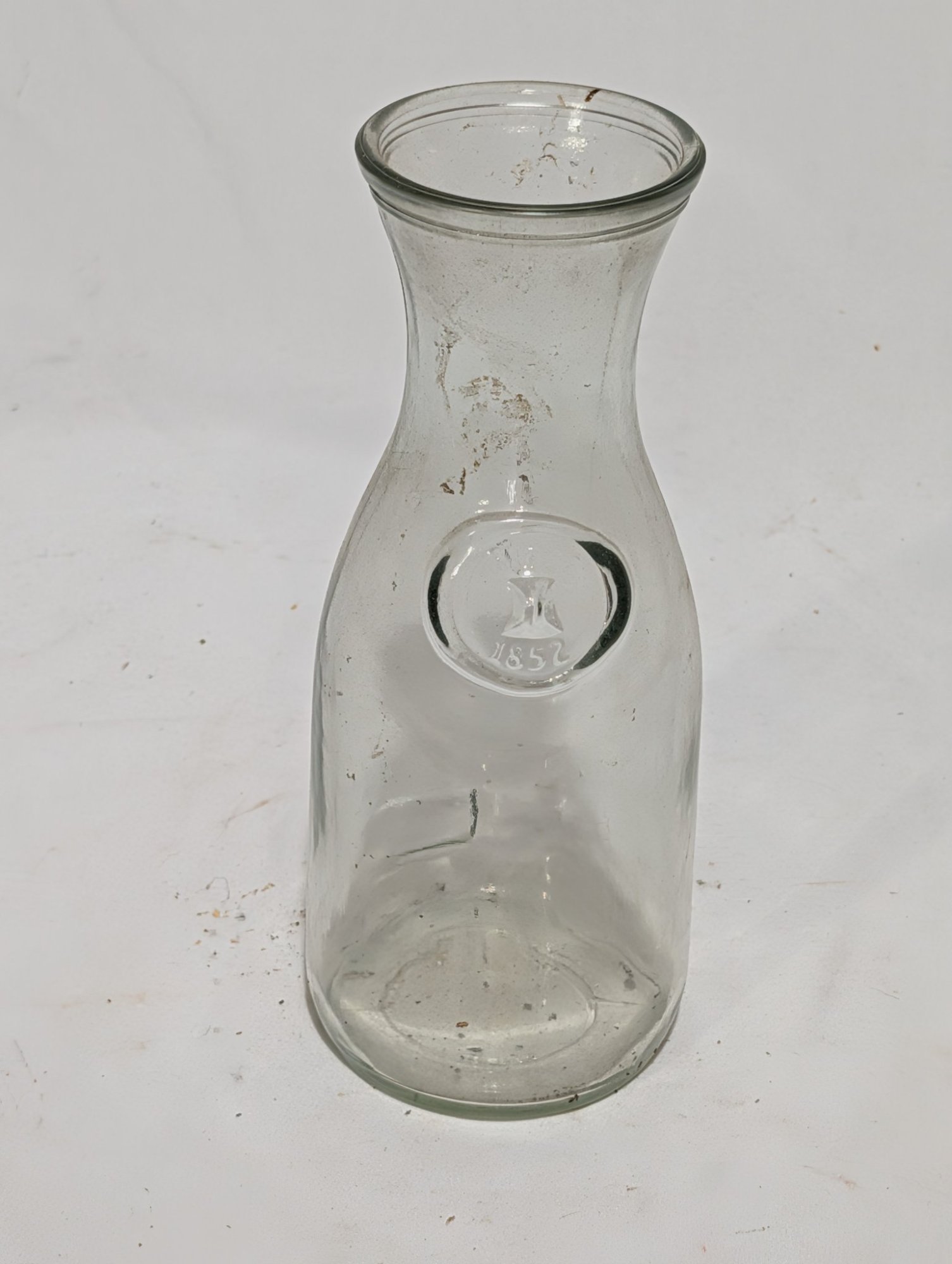 Vintage Clear Glass Carafe Pitcher w/ Applied 'Since 1852' Medallion Seal — Mountain Emblem, ~10.5" Tall