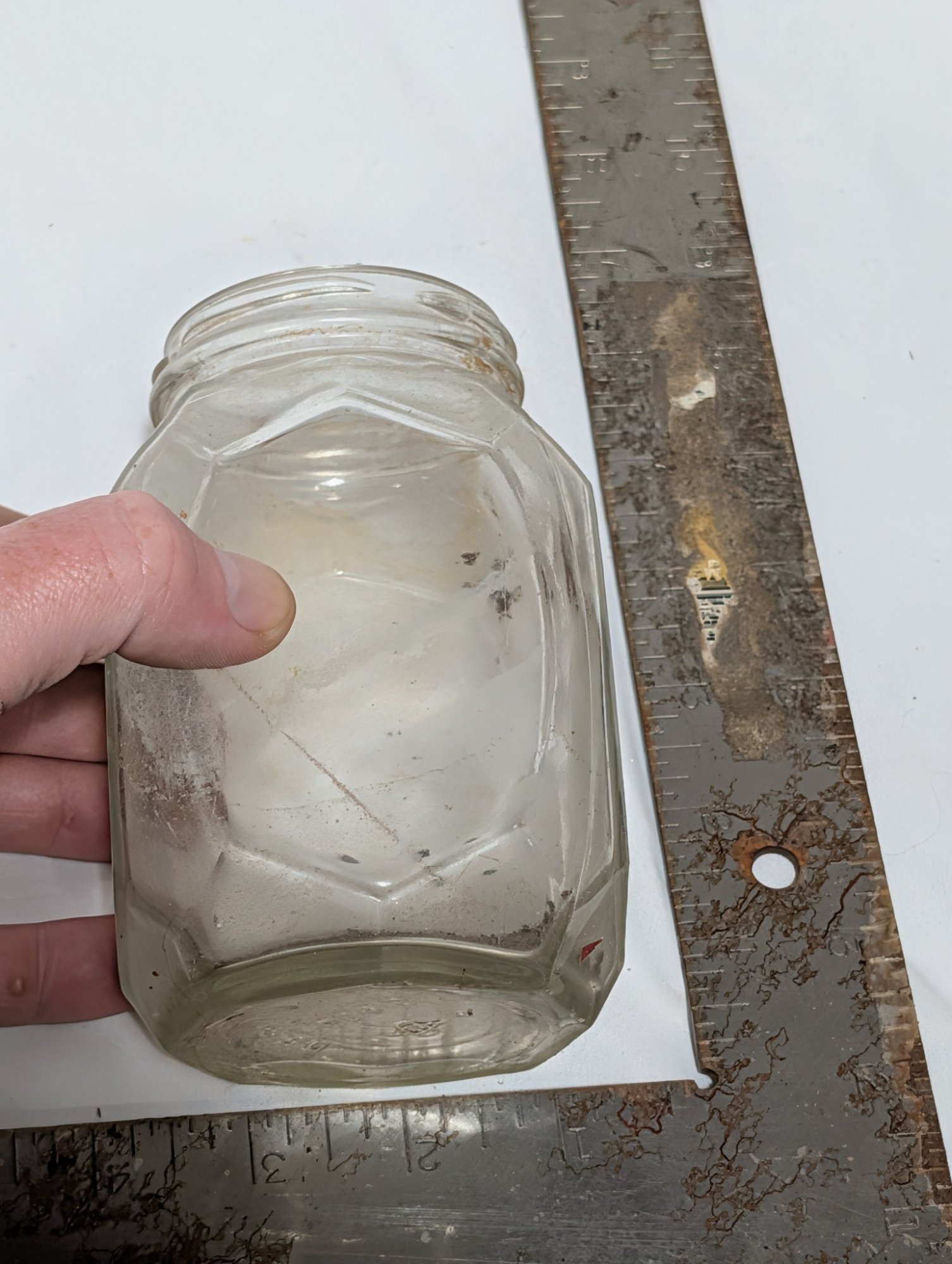 Vintage Octagonal Faceted Clear Glass Screw-Top Jar No Lid Embossed Base 4" Tall