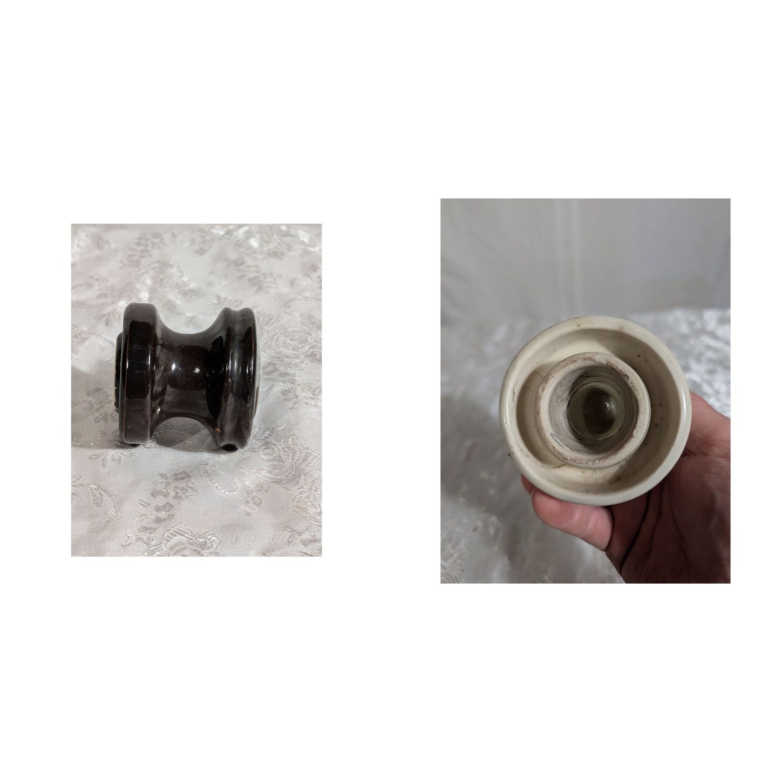 Lot of 2 Antique Porcelain Insulators Seyler 255 Brown Spool Double Petticoat