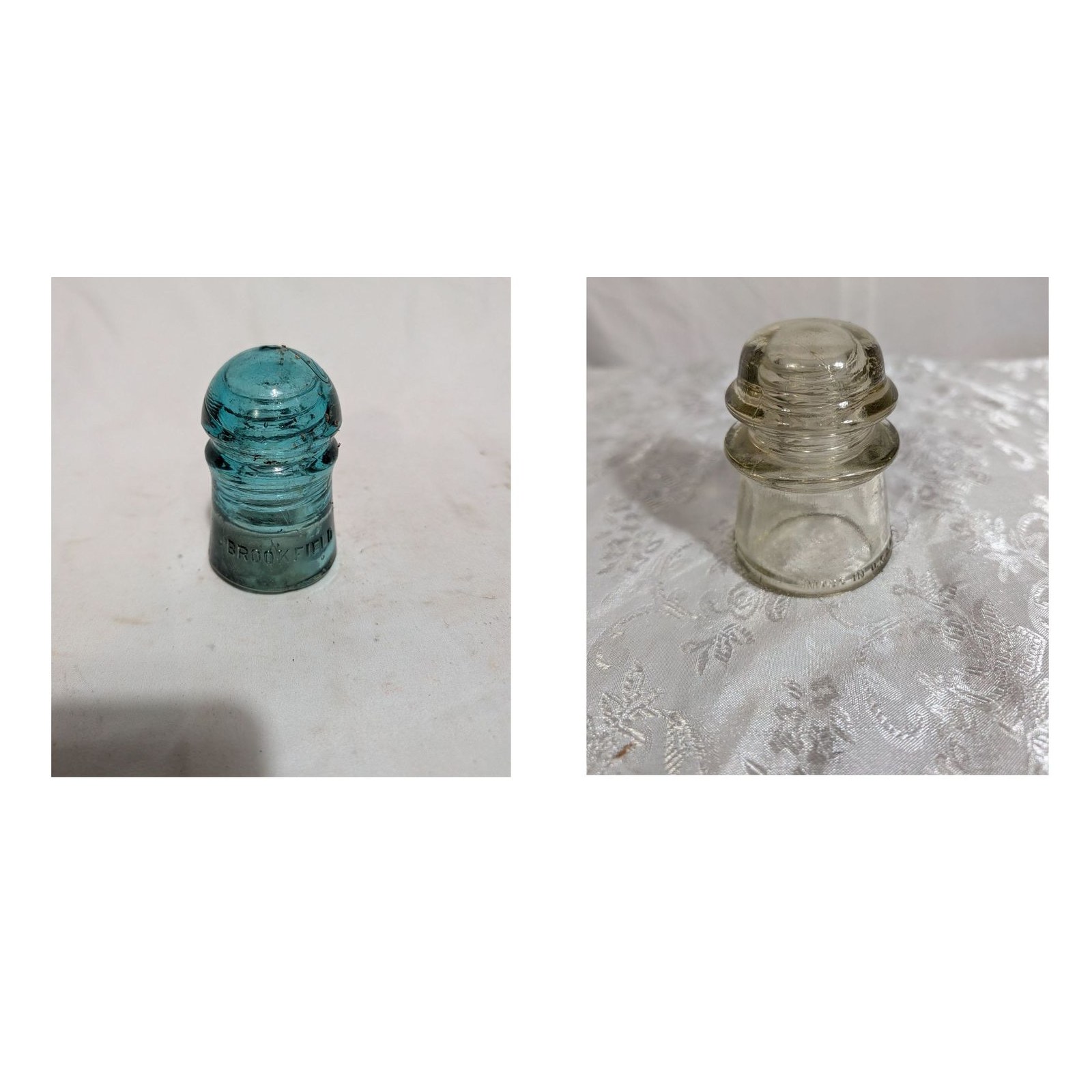 Lot of 2 Vintage Glass Insulators Clear USA Double Groove Brookfield Aqua Beehiv