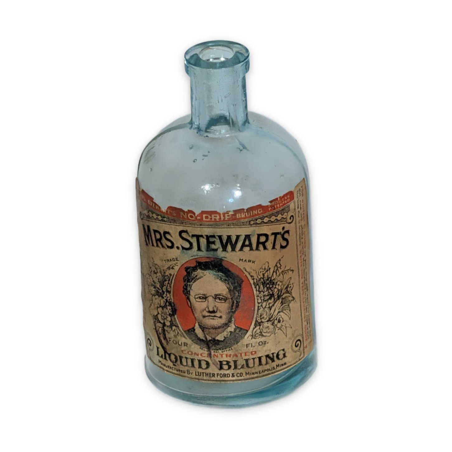 Mrs. Stewart's Liquid Bluing Bottle 1940 Aqua Glass Minneapolis Antique
