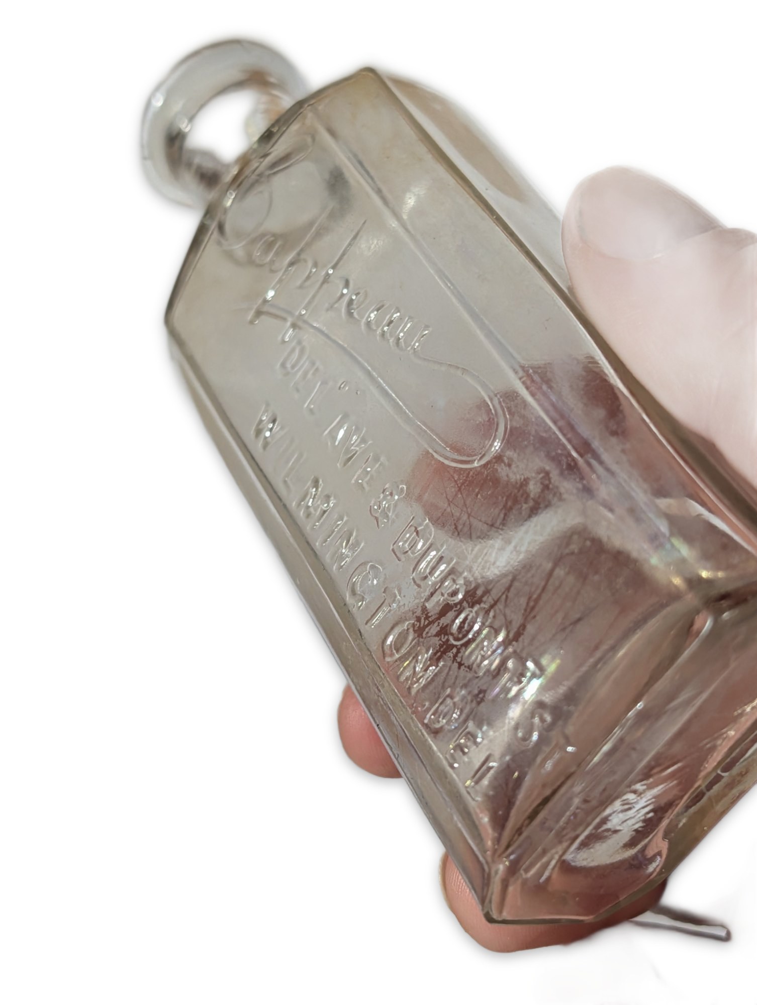 Antique Embossed Glass Bottle Lannman DuPont Wilmington DE Druggist