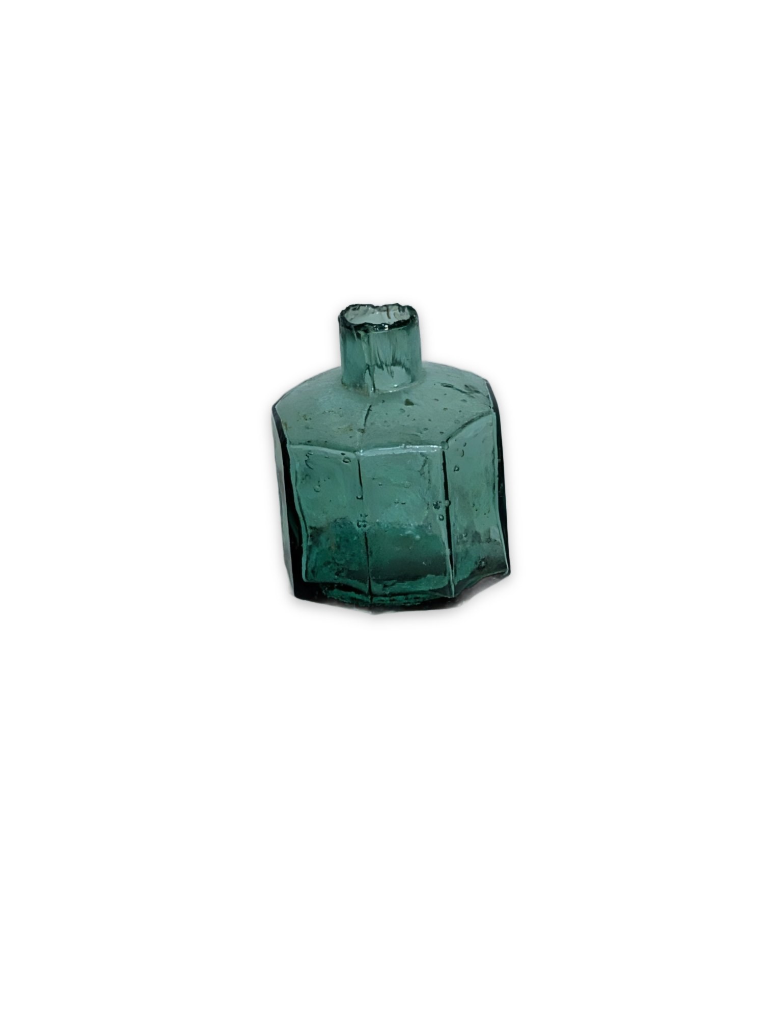 Antique Octagonal Aqua Glass Ink Bottle, Sheared Lip, 1800s