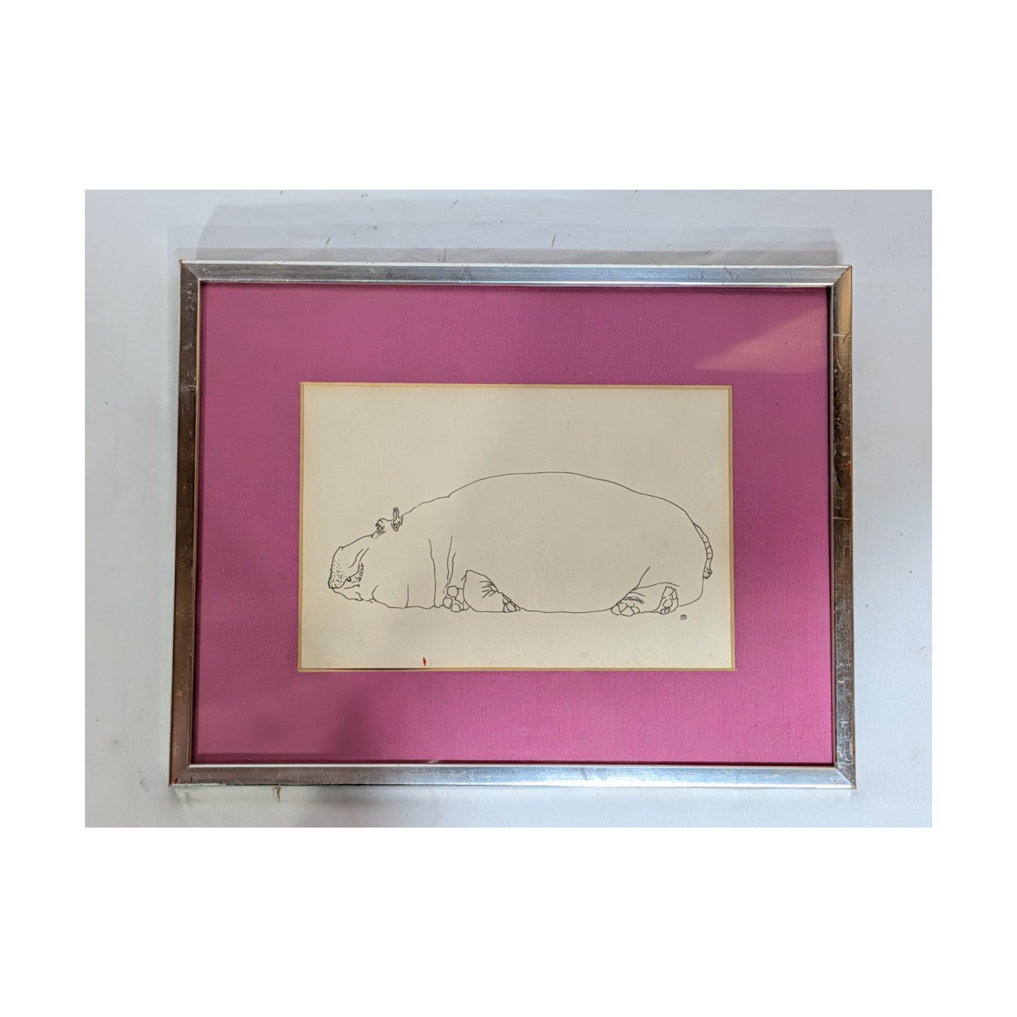 Framed Hippopotamus Line Art Drawing Pink Mat Silver Frame
