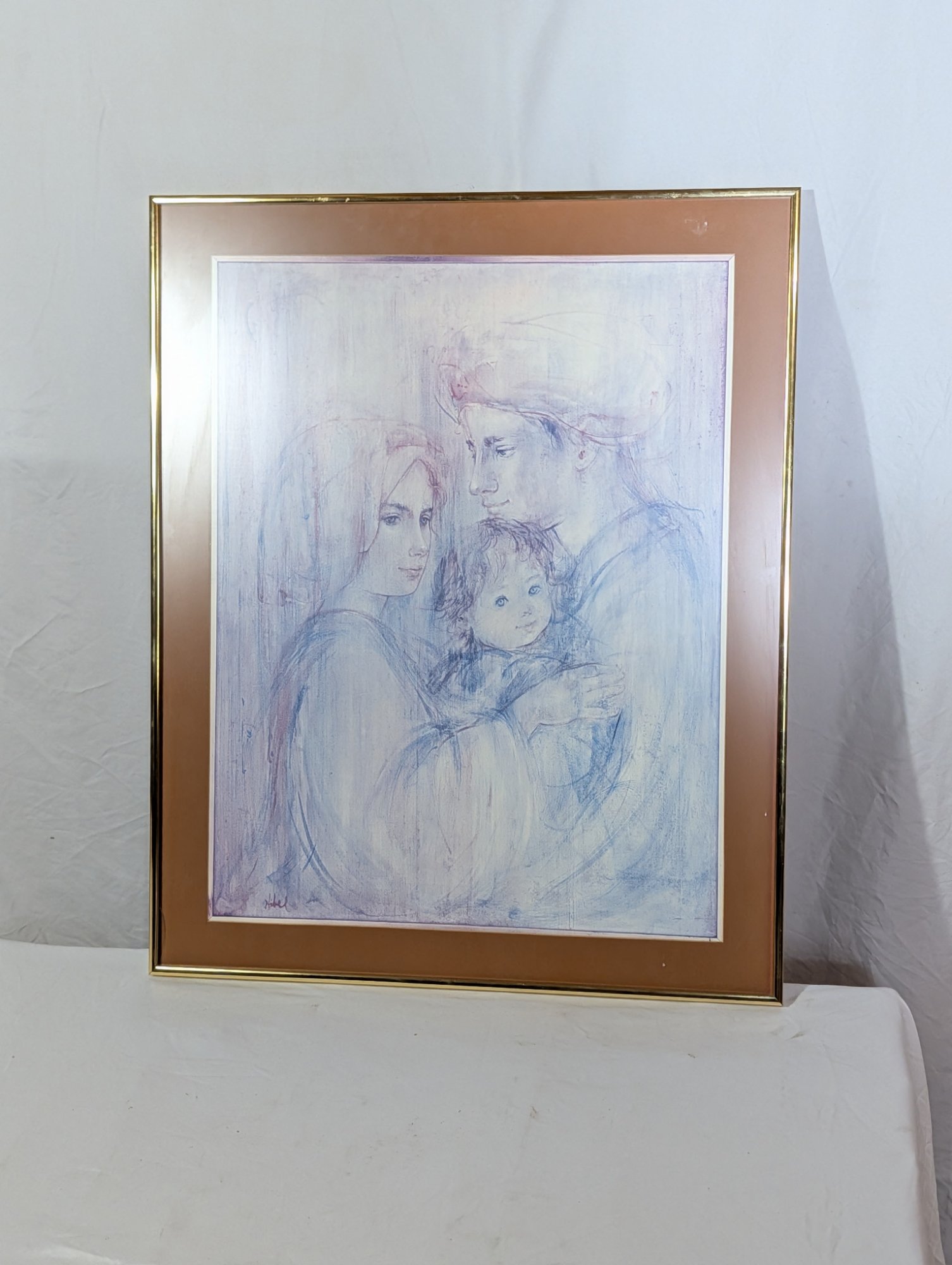 Edna Hibel Family Portrait Print Mother Father Child Framed 30x36 Gold Frame