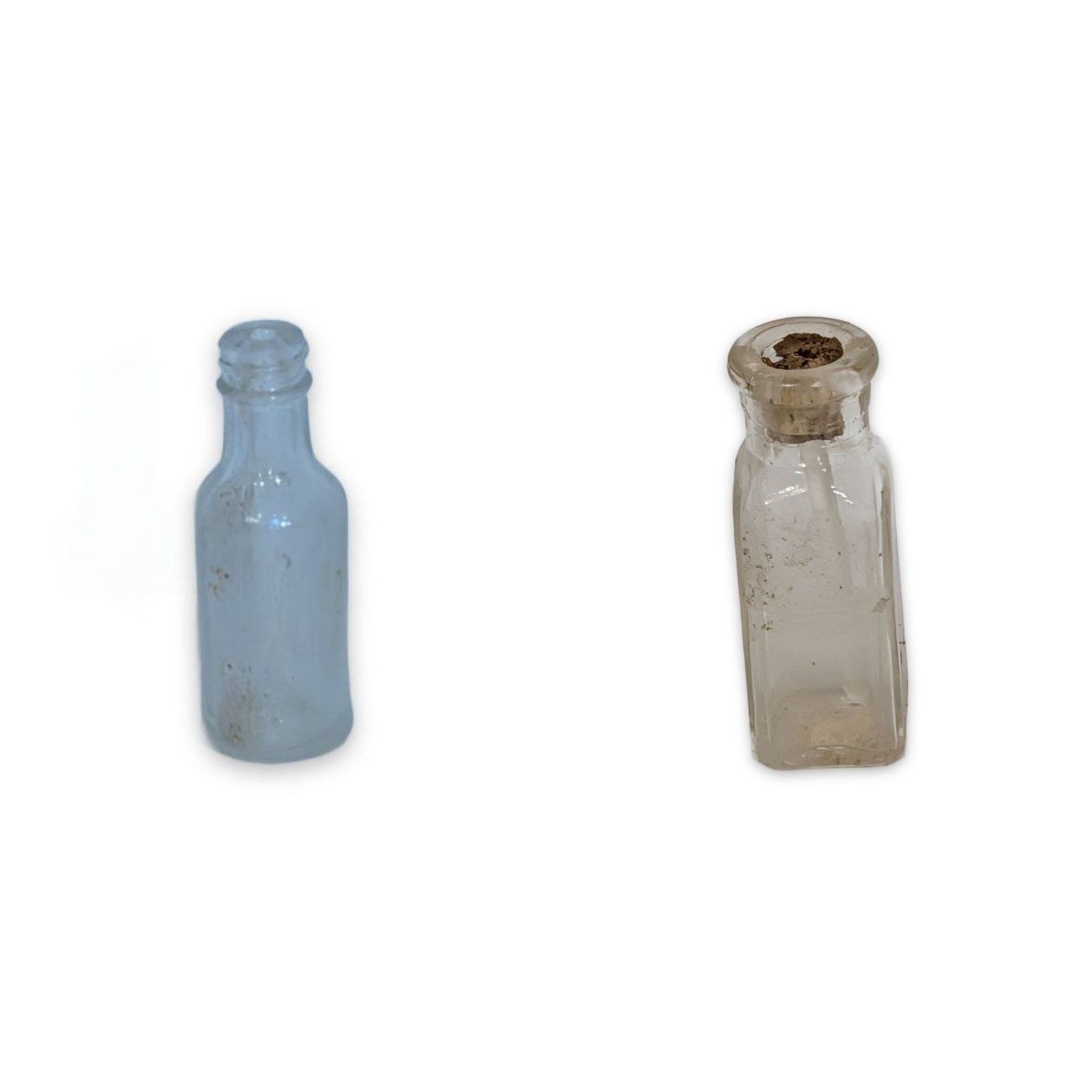 Antique Miniature Clear Glass Bottles Lot of 2 Cork Stopper Embossed 1880-1920