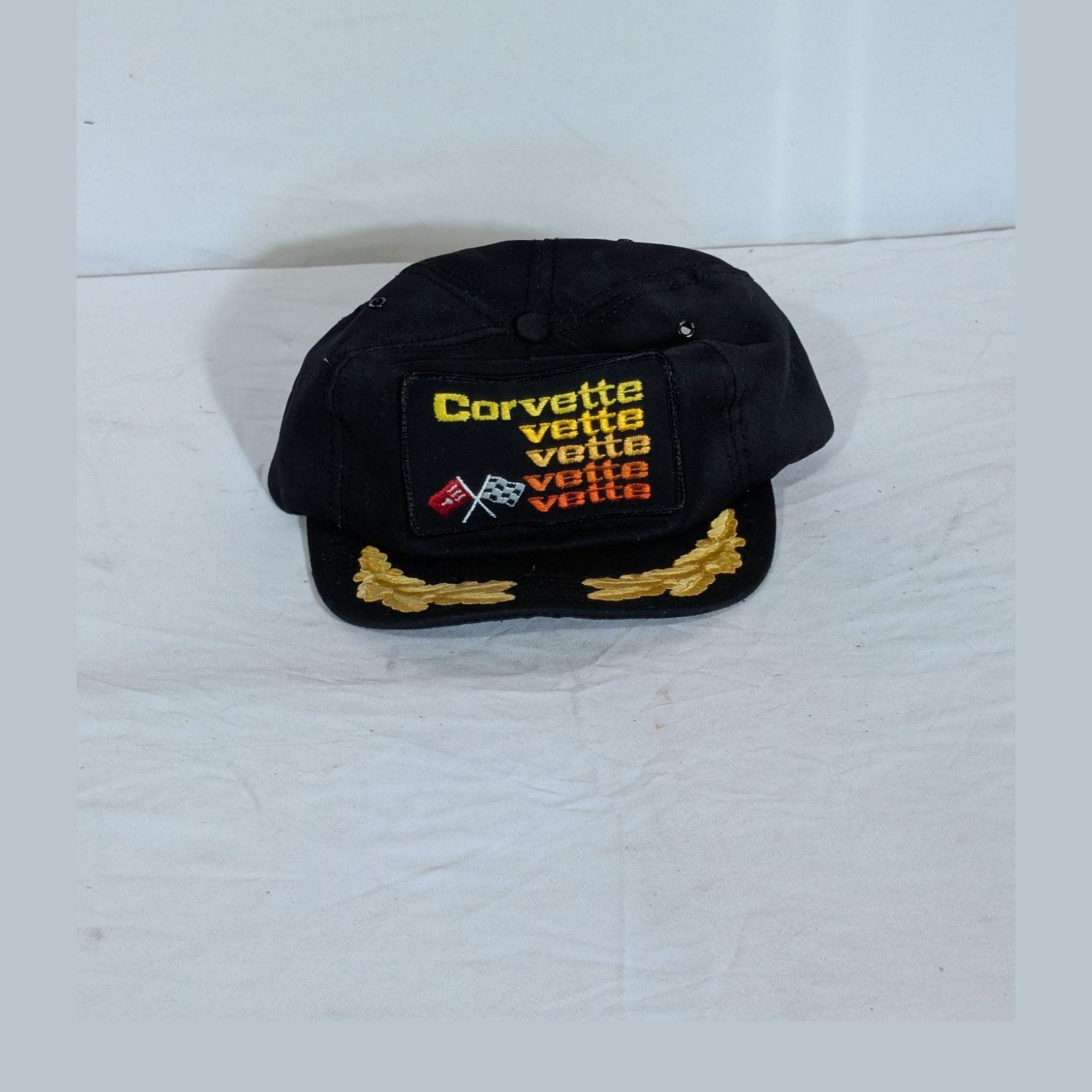 Vintage 1980s Corvette Fade Patch Snapback Cap Black Gold Braid Brim Made USA