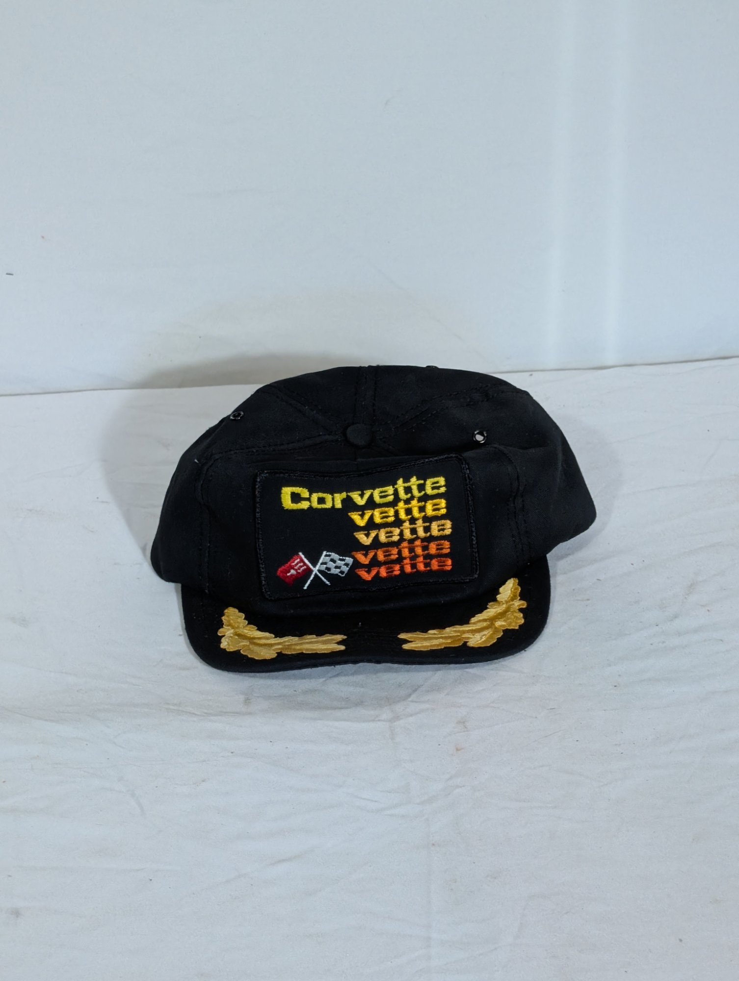 Vintage 1980s Corvette Fade Patch Snapback Cap Black Gold Braid Brim Made USA