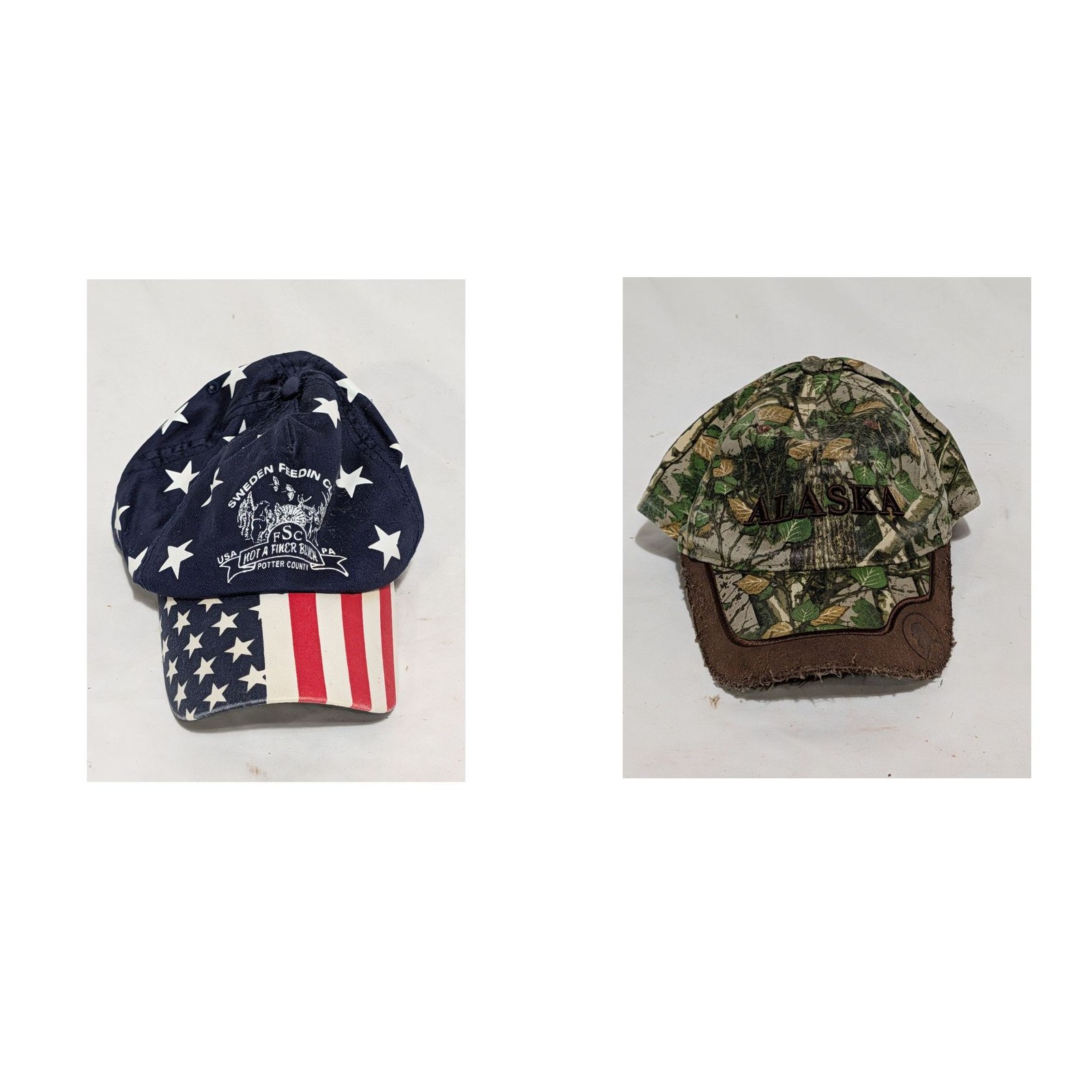Lot of 2 Souvenir Baseball Caps Alaska Camo & Sweden Feedin Club Adjustable Hats