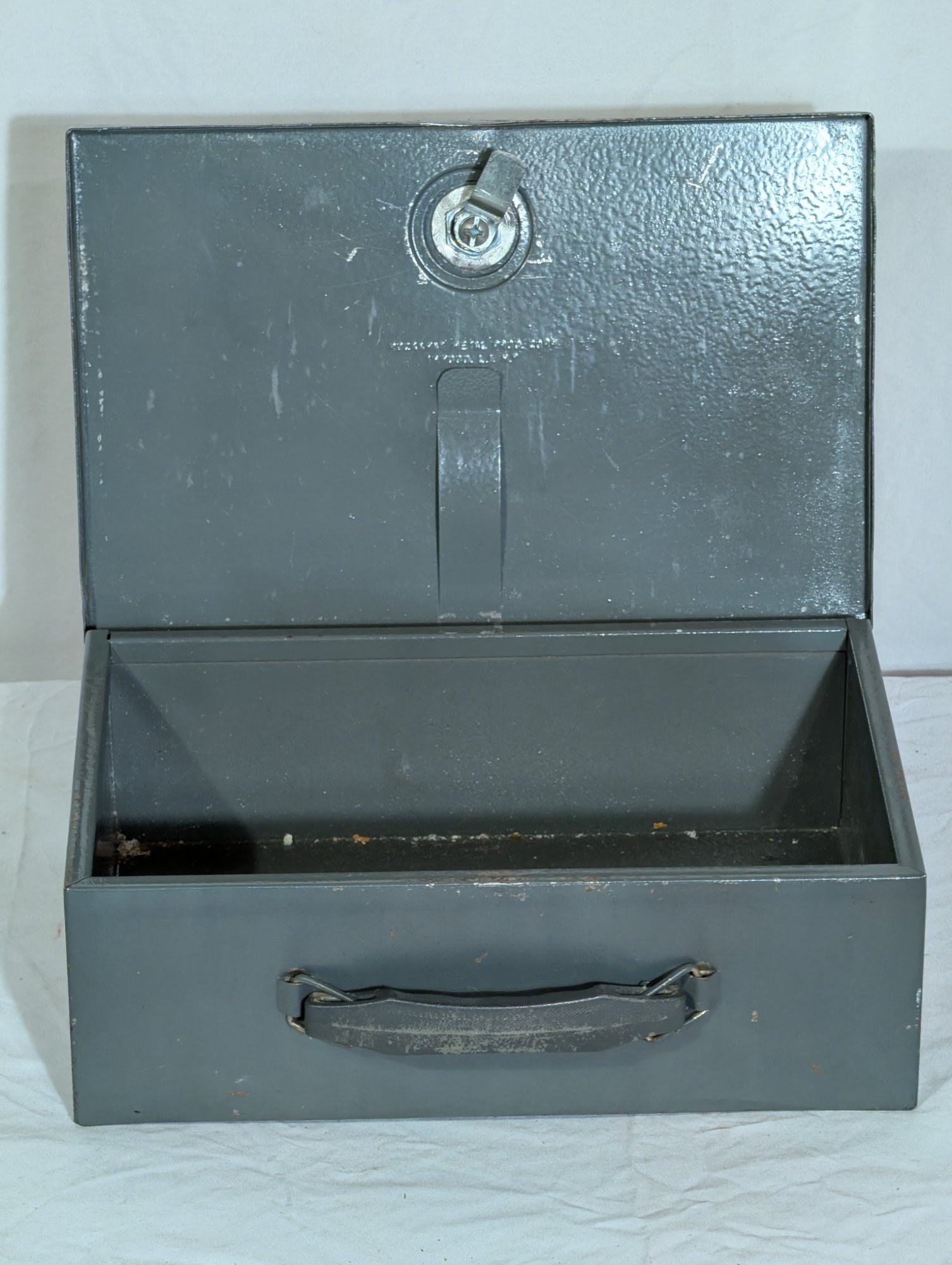 Vintage Gray Steel Locking Cash Box with Key, Carry Handle