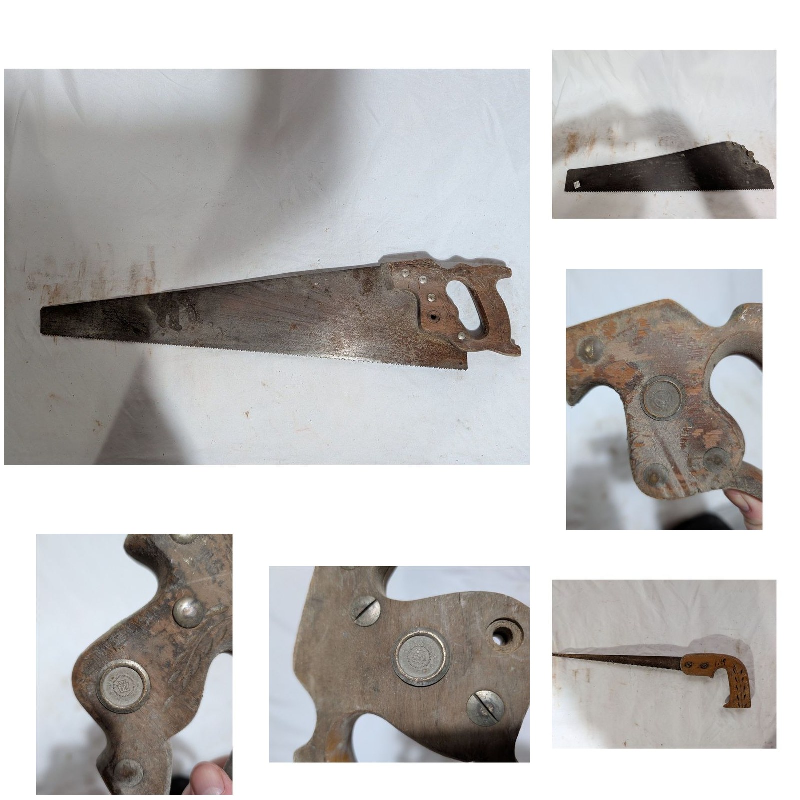 Lot of 6 Antique Hand Saws Carved Wood Handle Crosscut 26in Warranted Superior