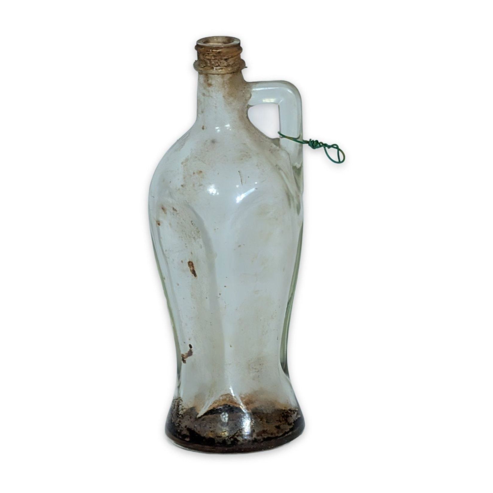 Antique Clear Aqua Glass Handled Jug Bottle Figural Waisted Shape Cork Lip 9in