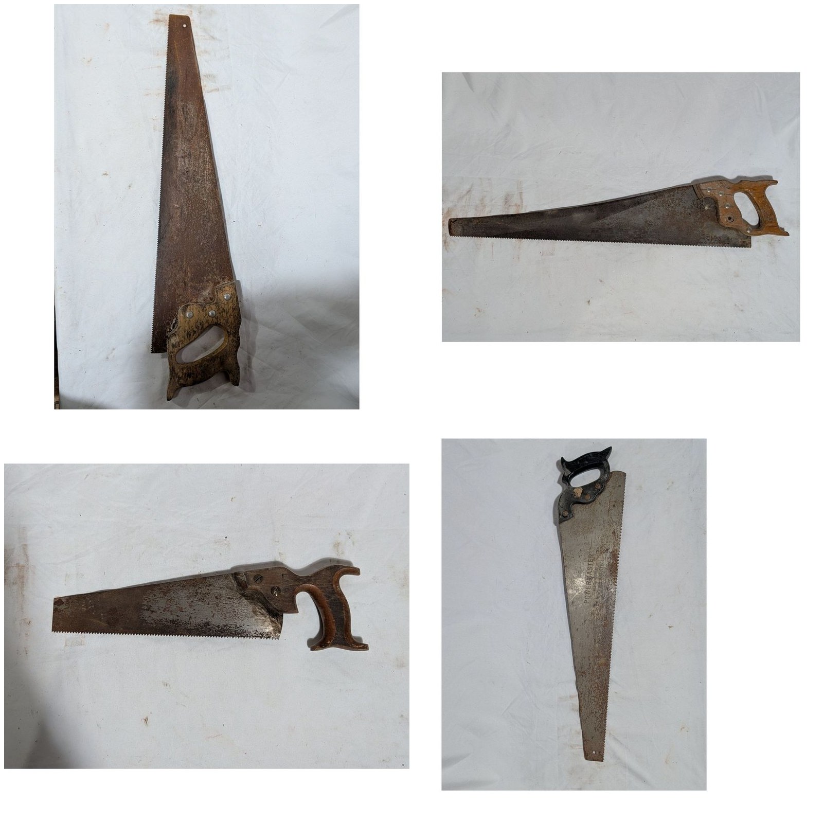 Lot of 4 Vintage Antique Hand Saws 26 in Blade Crosscut Carved Wood Handle Tote