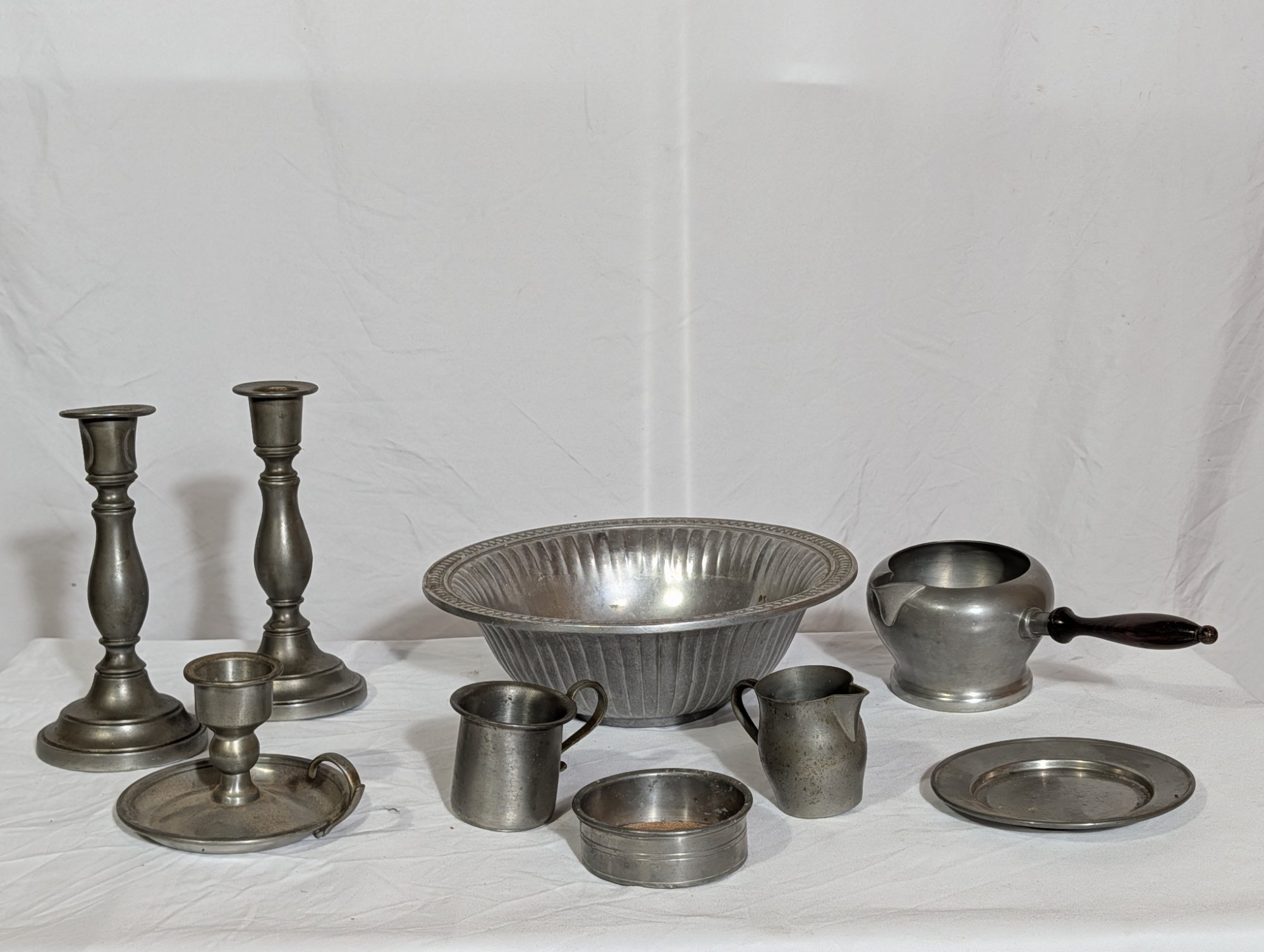 Vintage Pewter 9-Piece Collection Candlesticks Bowl Porringer Creamer Mug Coloni