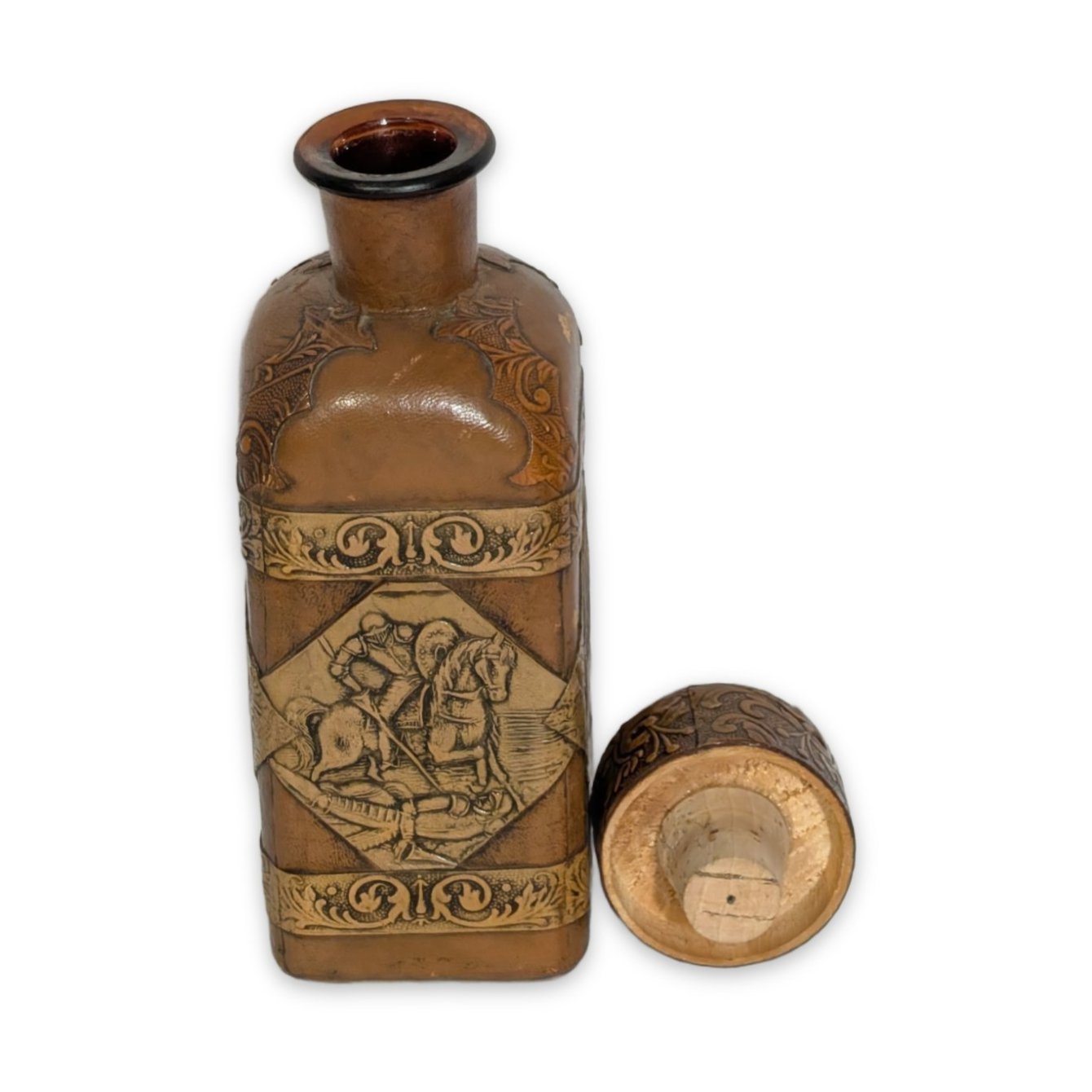 Amber Glass Decanter Bottle with Embossed Medieval Knight Motif and Cork Stopper