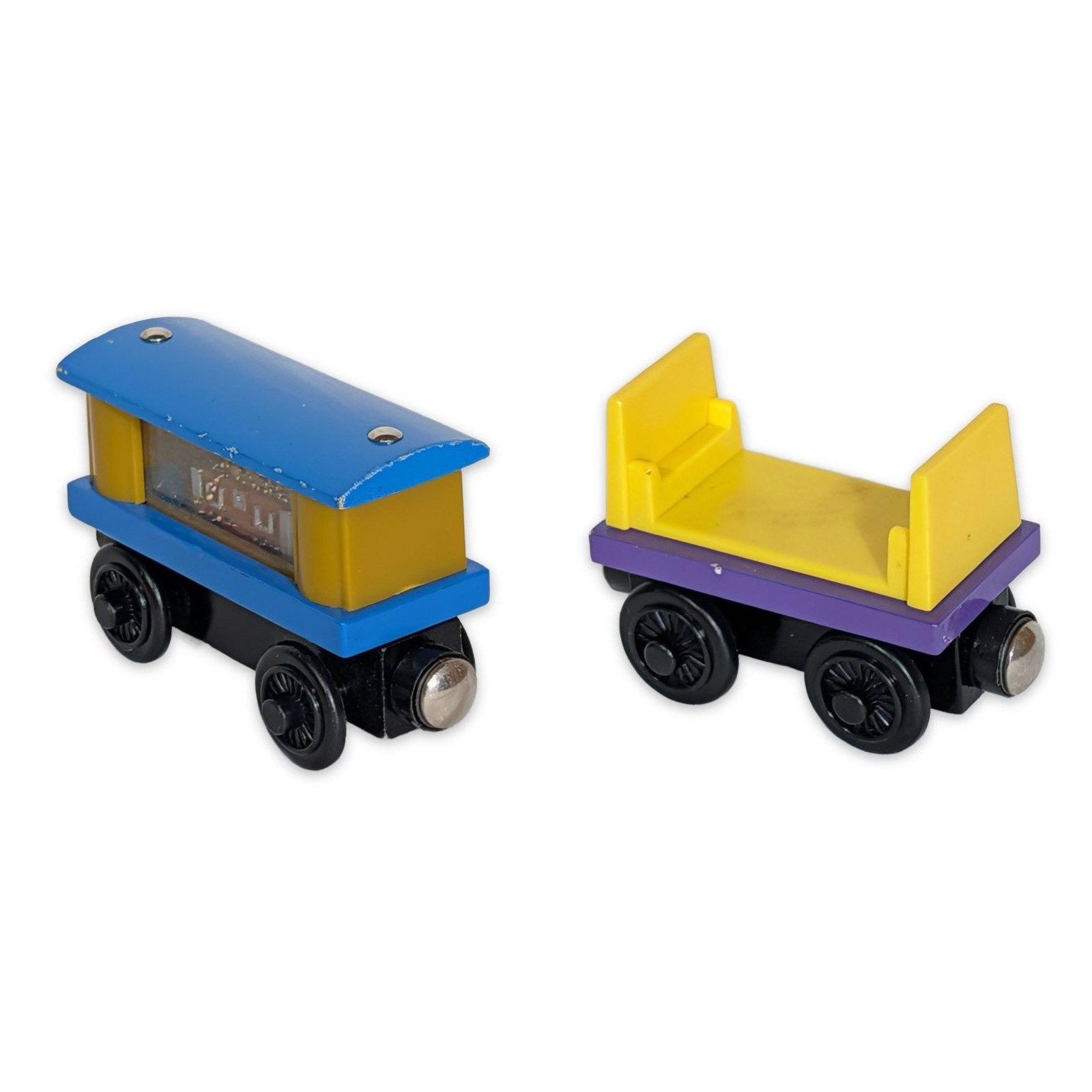Lot 2 Wooden Magnetic Train Cars Jewel Car Blue Yellow Barrel Flatcar Purple Kid