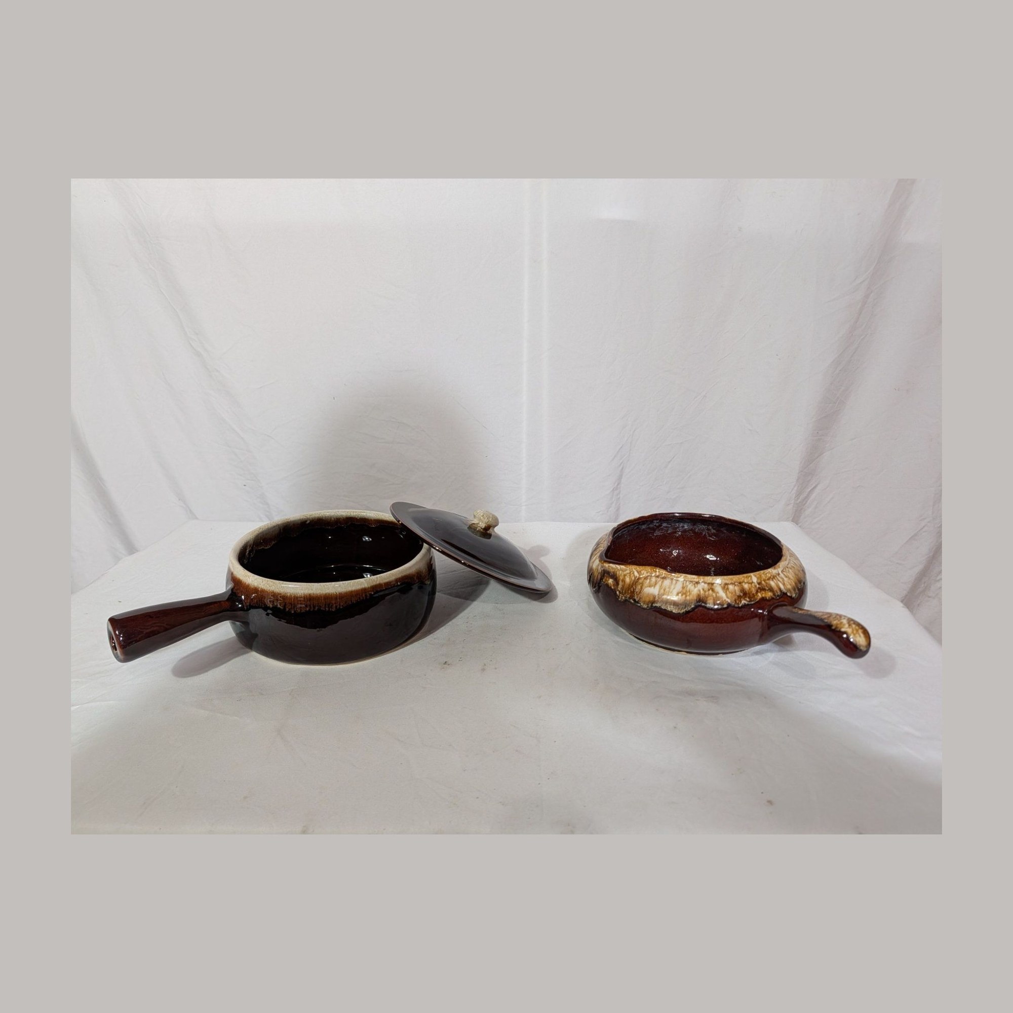 Vintage Brown Drip Glaze Stoneware Soup Crocks Bowls Set of 2 One Lid USA 6in