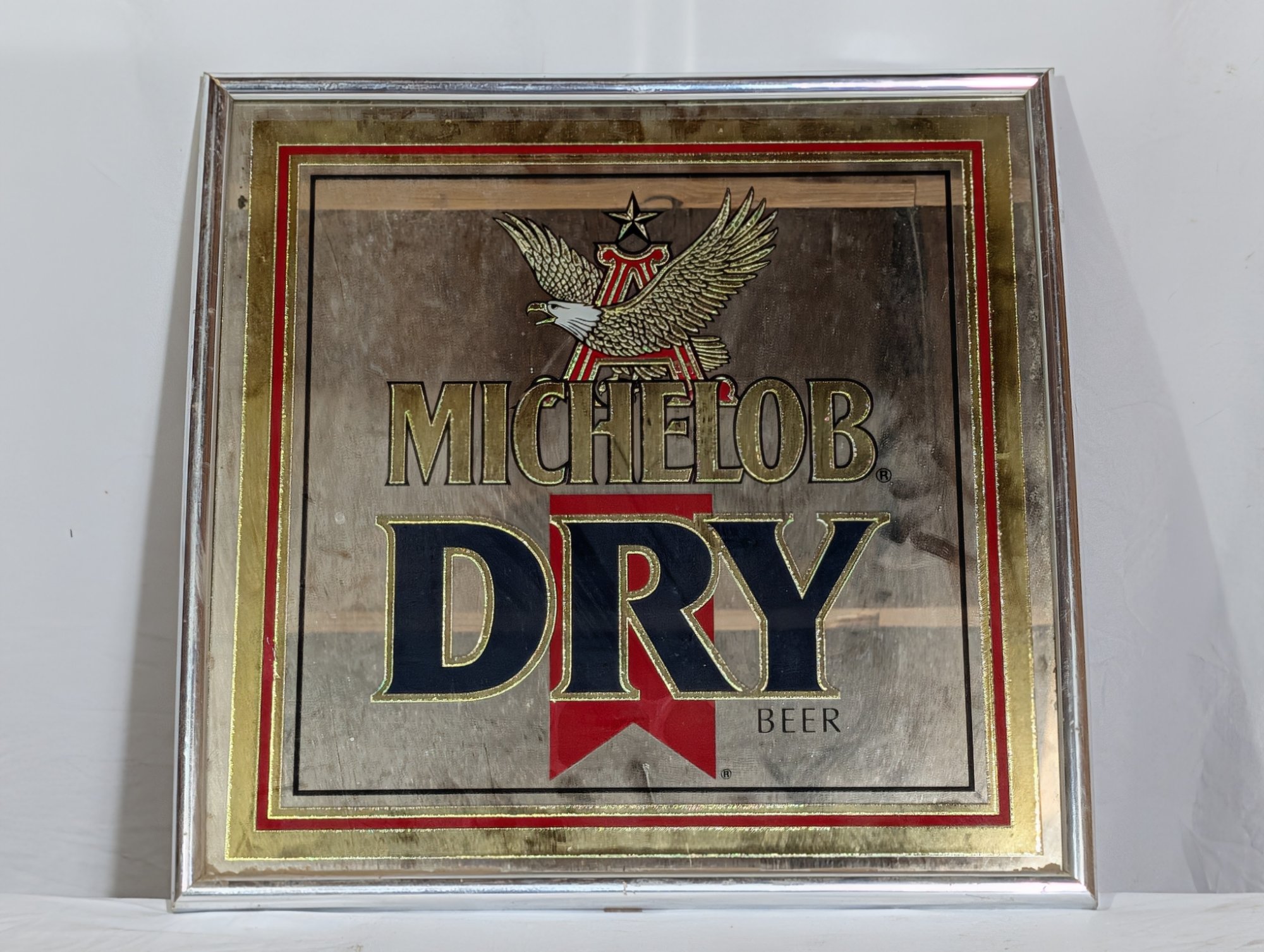 Michelob Dry Beer Advertising Bar Mirror Chrome Frame Eagle Logo 1980s 1990s