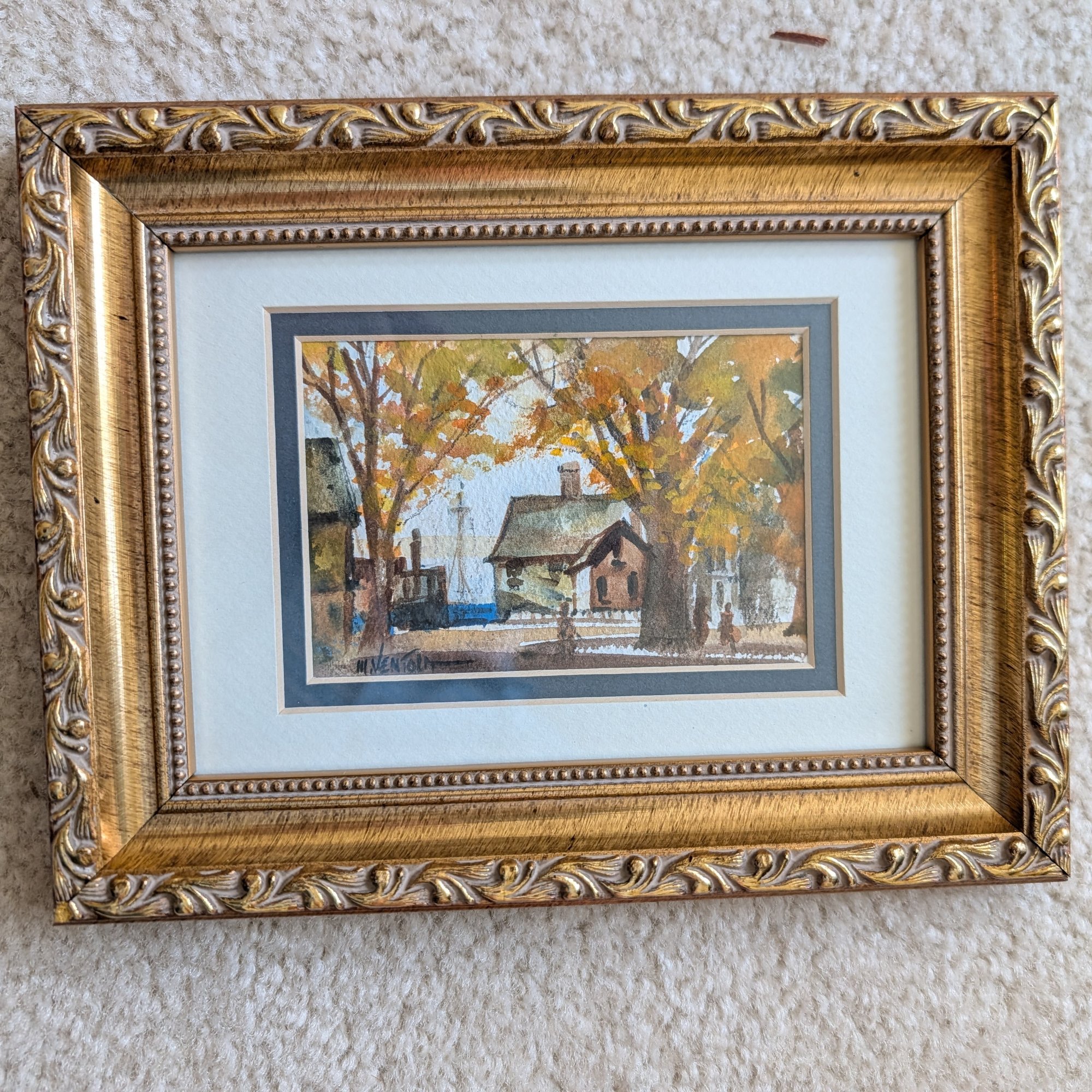 M. Ventola Signed Original Watercolor Autumn Harbor Cottage Ornate Gold Frame 10x8