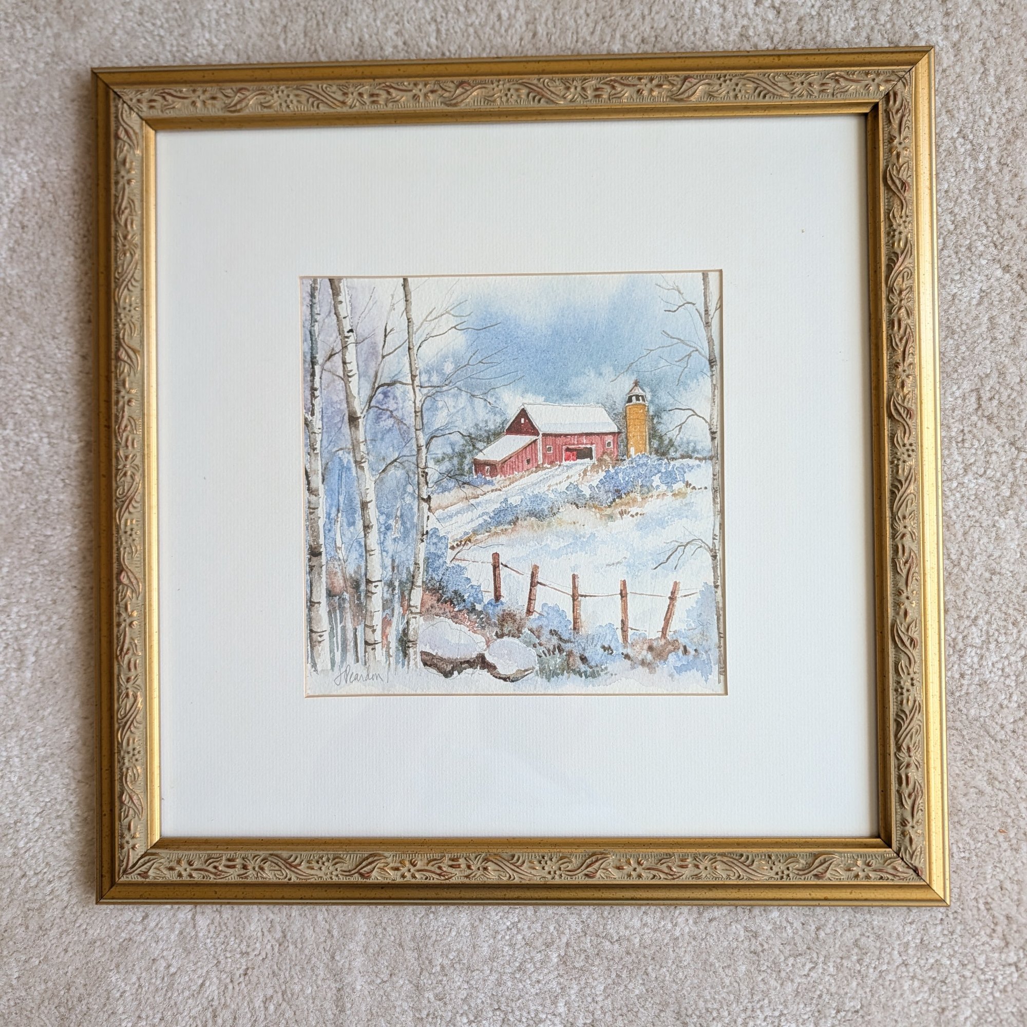 J. Reardon Original Watercolor Gold Silo Red Barn Birch Trees Winter Gilt Frame 14x14