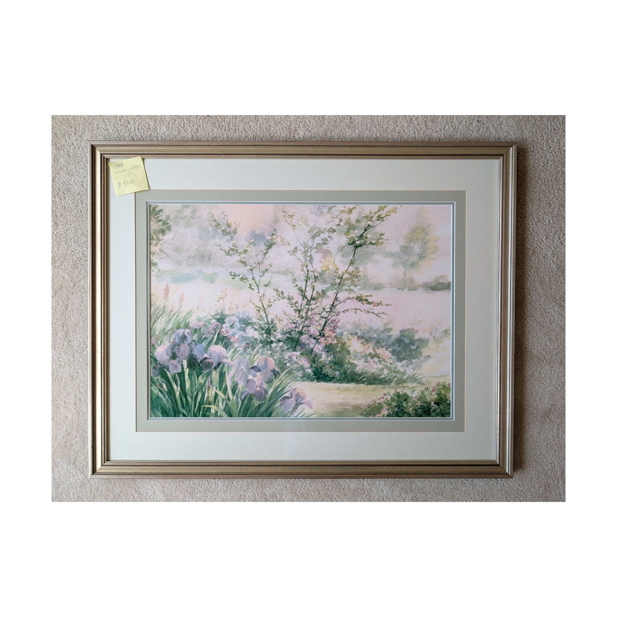 Large Framed Iris Garden Watercolor Print Pastel Floral Landscape Silver Frame 30x24