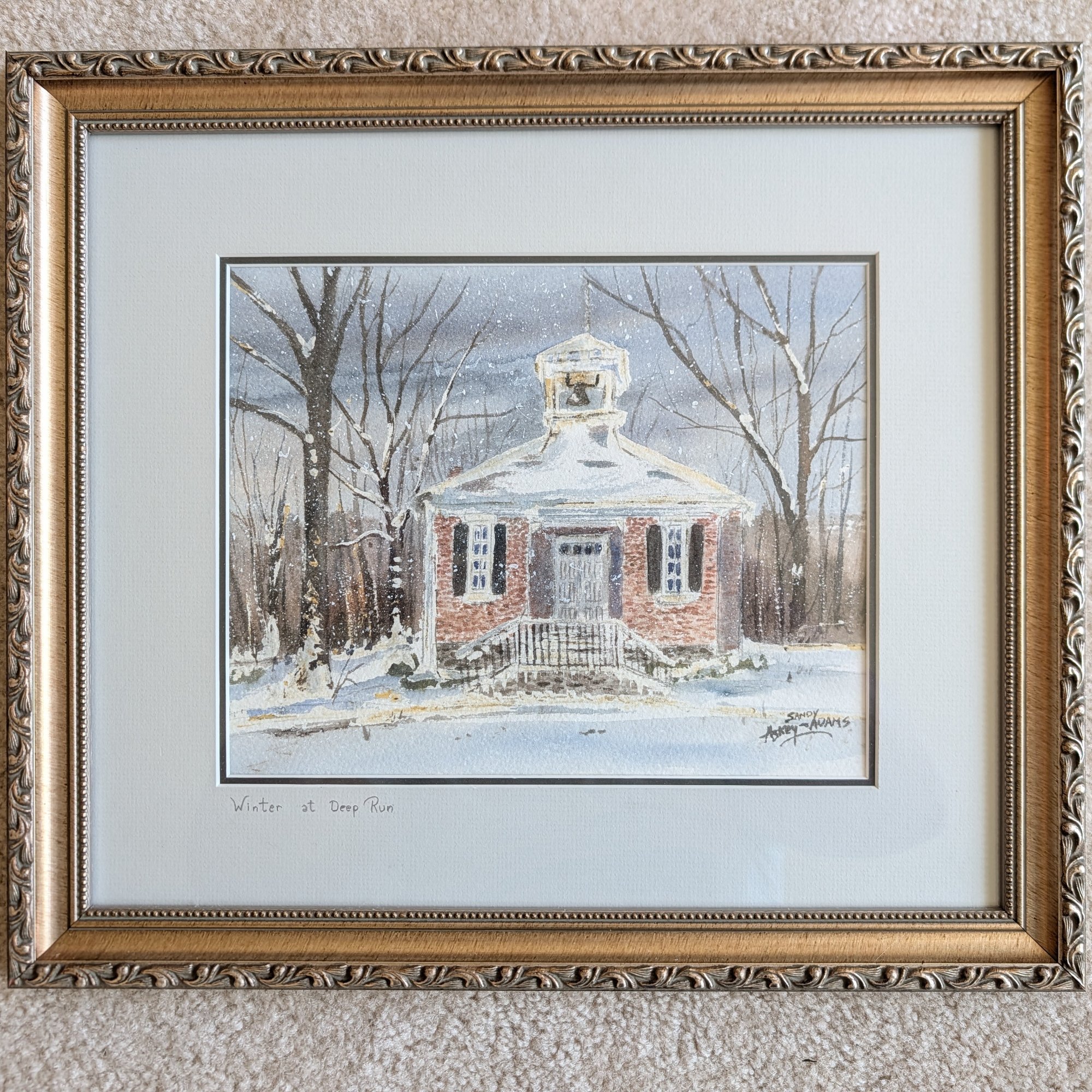 Sandy Askey-Adams Original Watercolor Winter at Deep Run Bucks County PA Framed
