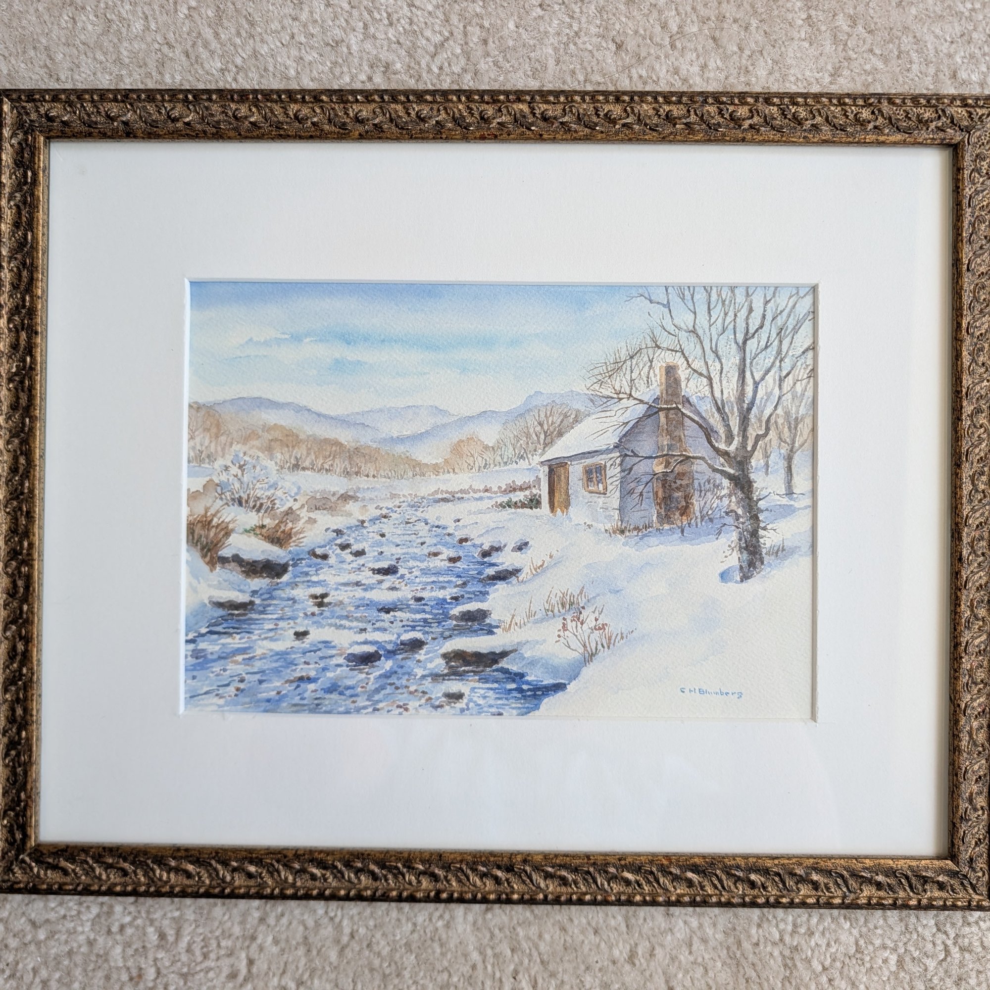 C.H. Blumberg Original Watercolor Winter Cottage Creek Landscape Gilt Framed