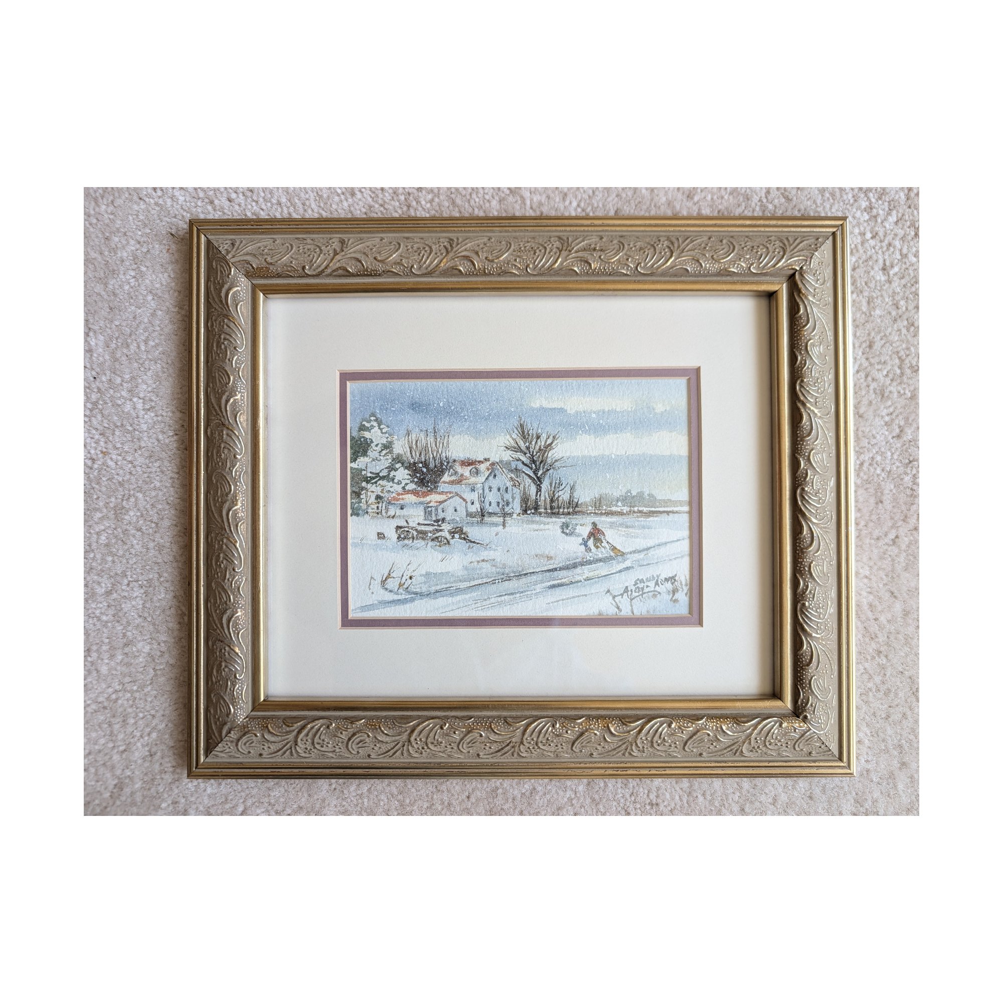 Sandy Askey-Adams Original Watercolor Winter Farm Sledding Scene Framed 16x14