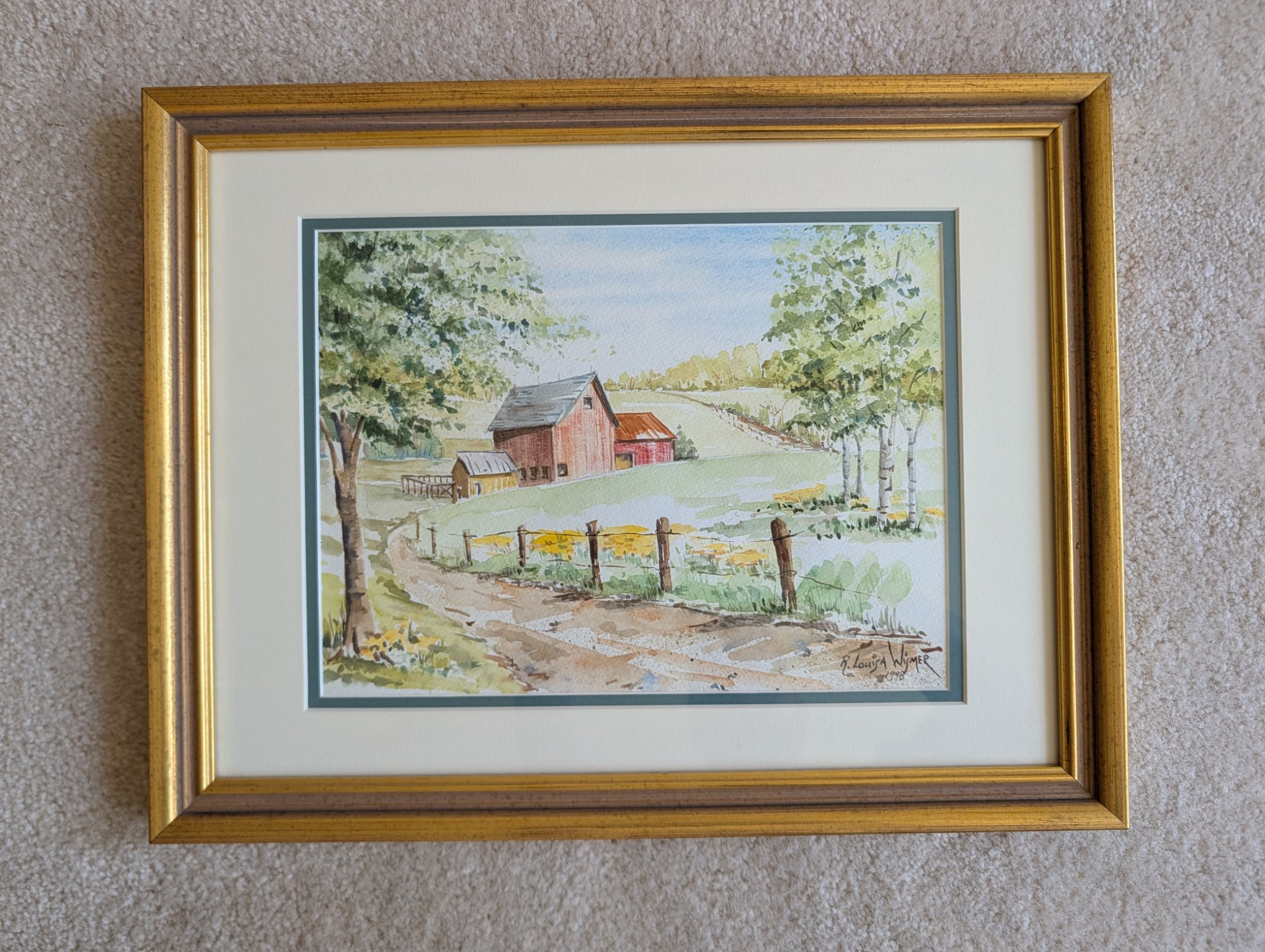 R. Louisa Wismer Original Watercolor Red Barn Farm Bucks County PA 1998 Framed