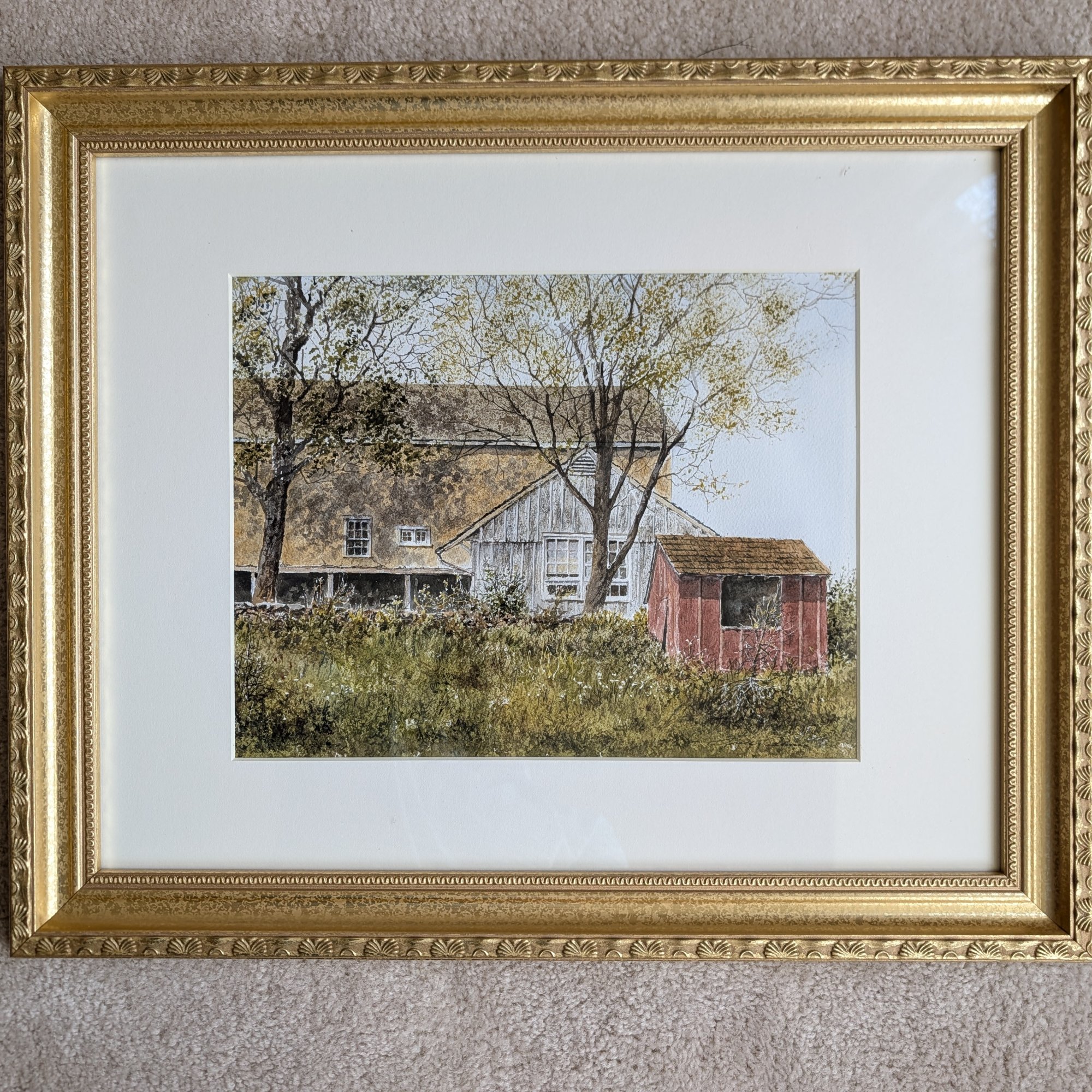 Original Watercolor Stone Bank Barn Red Shed Bucks County Ornate Gold Framed