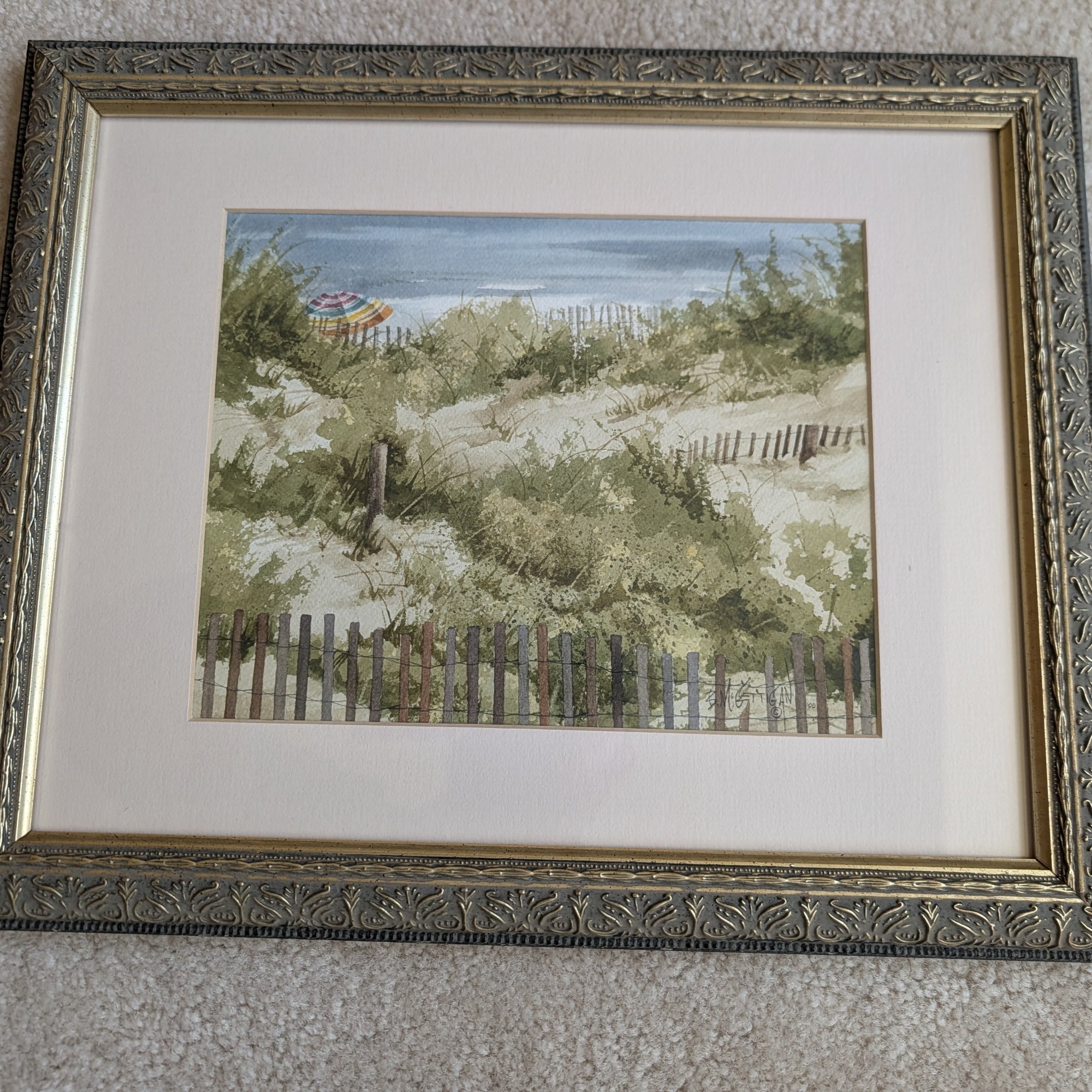 B. McGettigan Original Watercolor Beach Dunes Sand Fence Umbrella Jersey Shore 2000 Framed