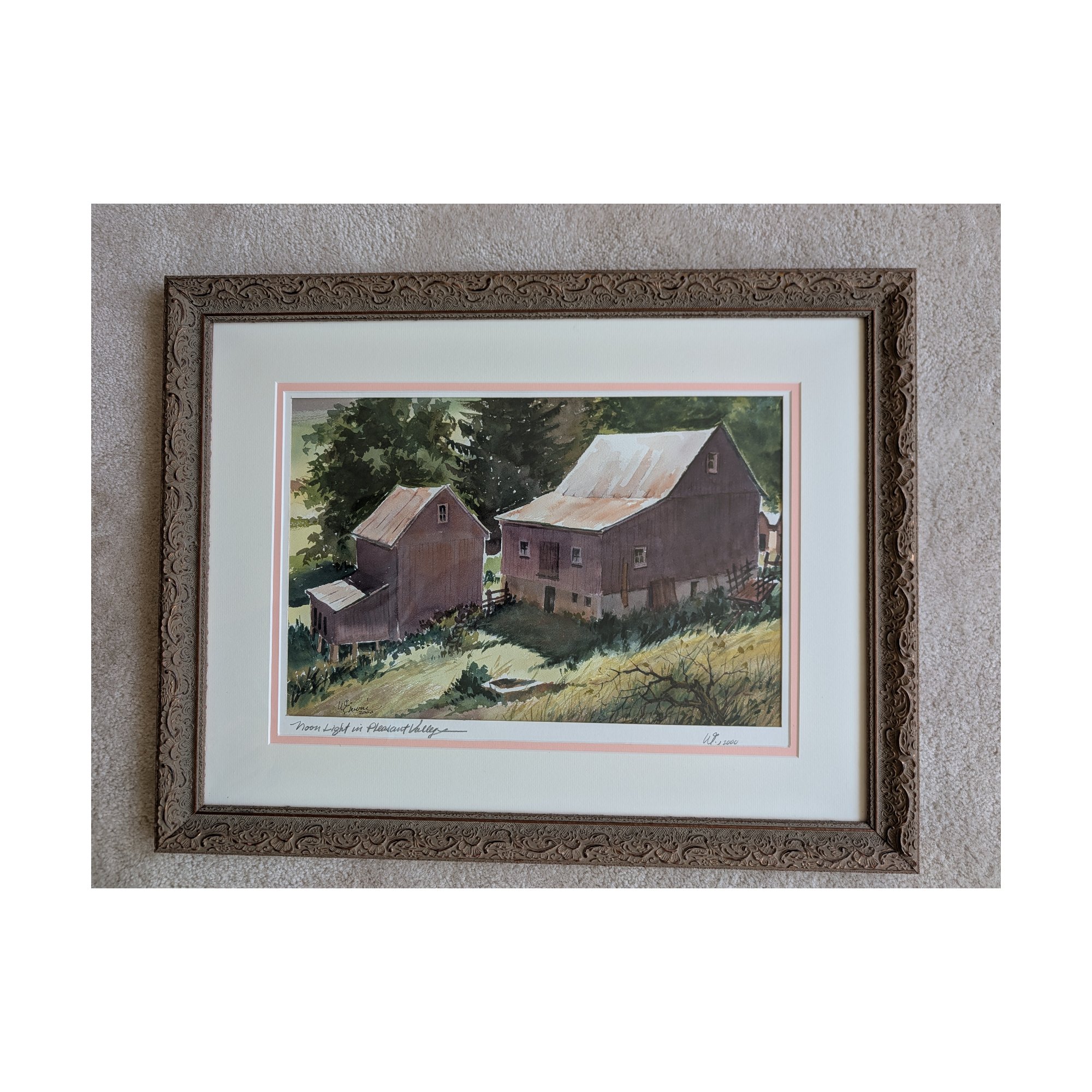 Bill Erwin Original Watercolor Noon Light in Pleasant Valley Bucks County Barns 2000