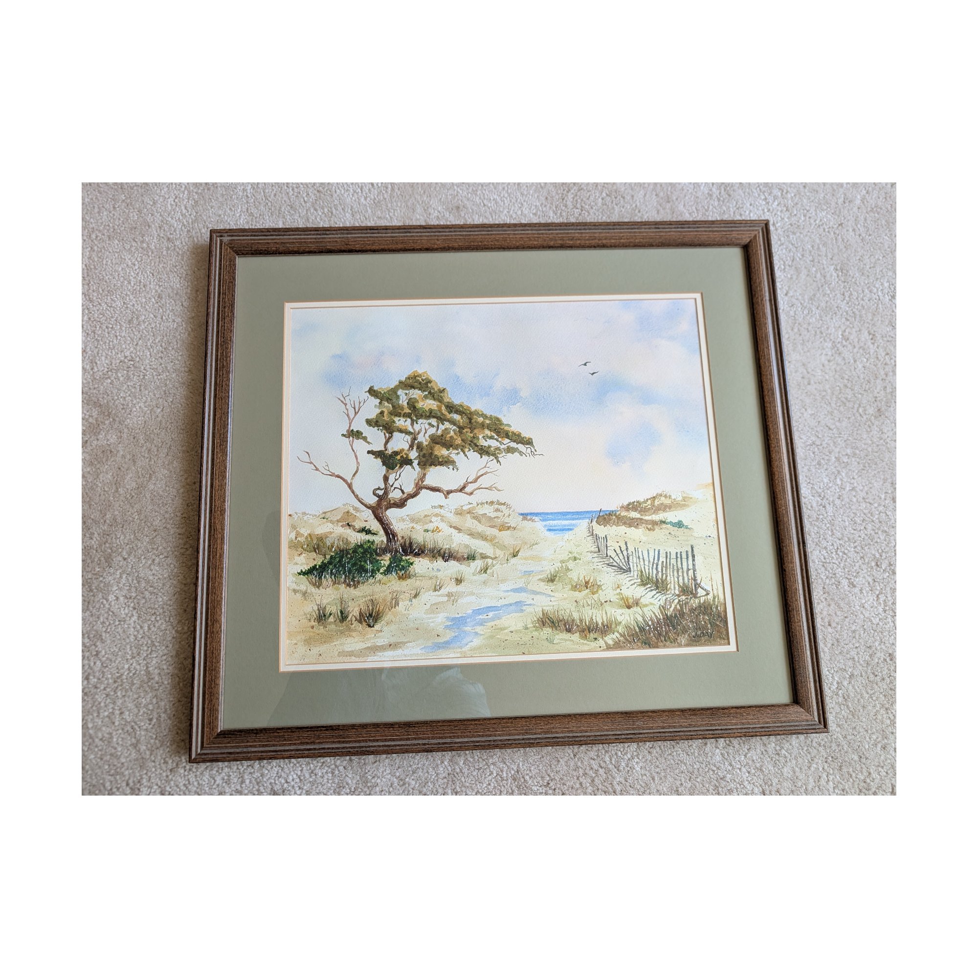 J. Day Signed Original Watercolor Coastal Dunes Beach Path Windswept Tree Framed 22x18
