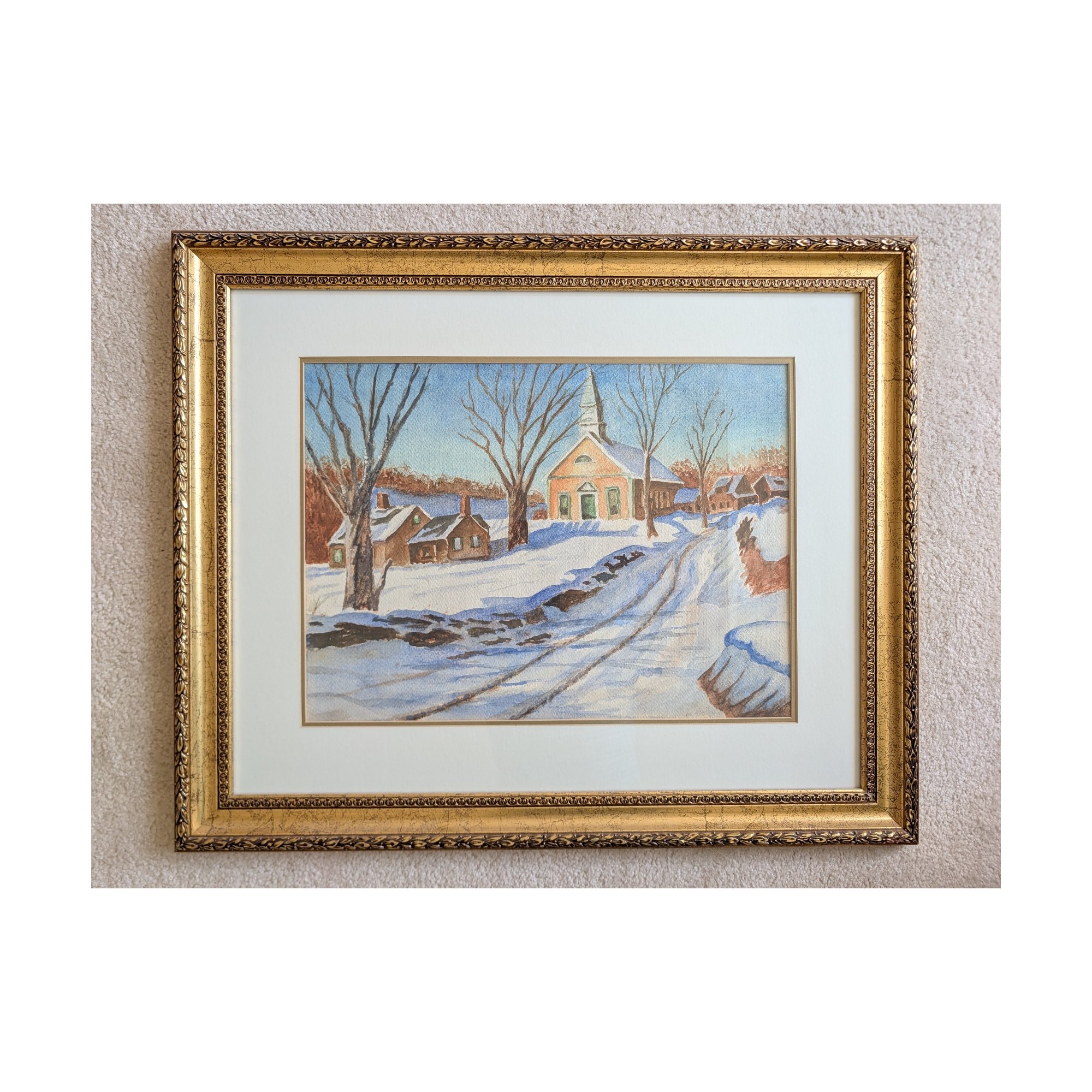 Unsigned Original Watercolor Winter Village Church Snow Scene Ornate Gold Frame 20x16