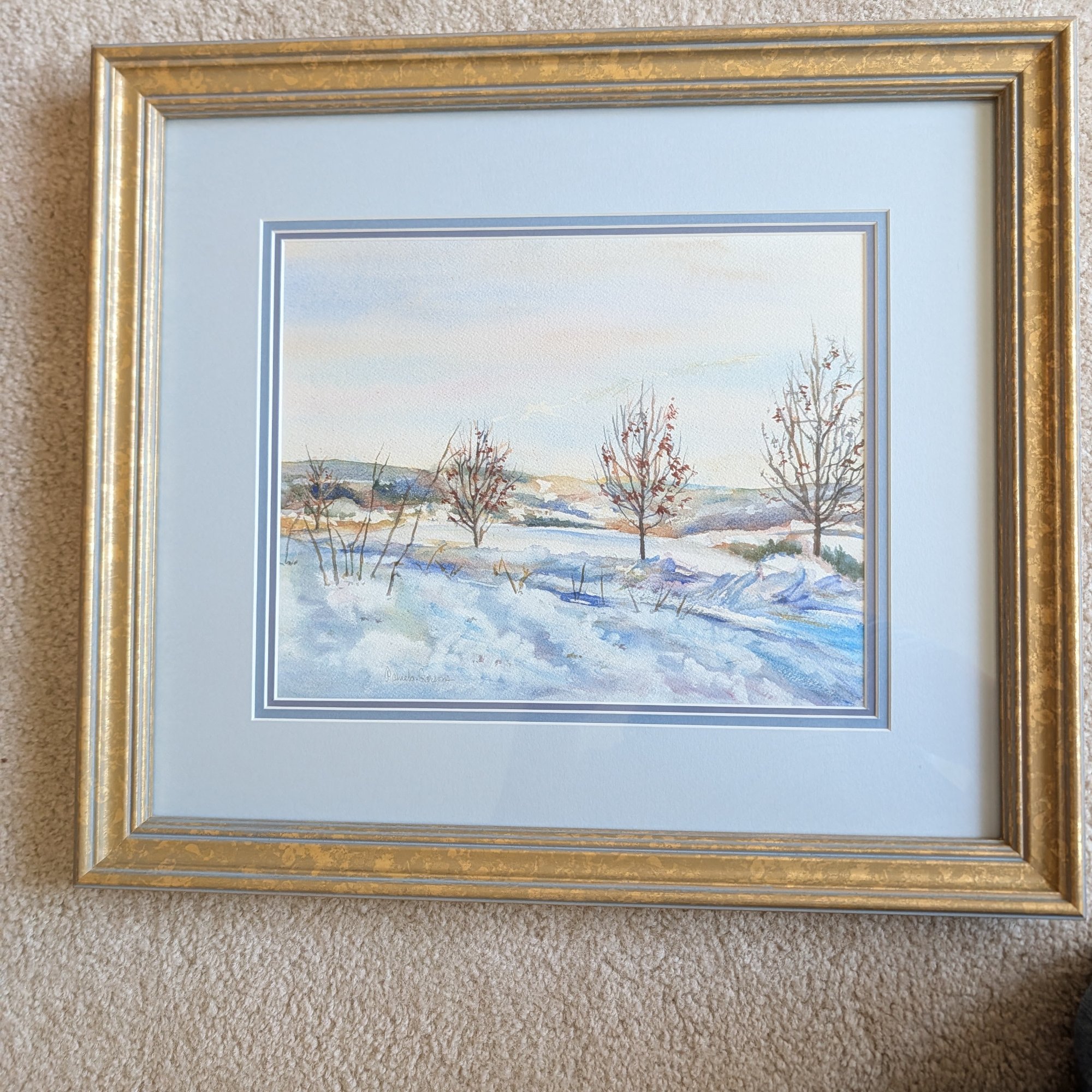 Pamela Parsons Original Watercolor Gouache Morning Snow Upper Bucks County PA Framed