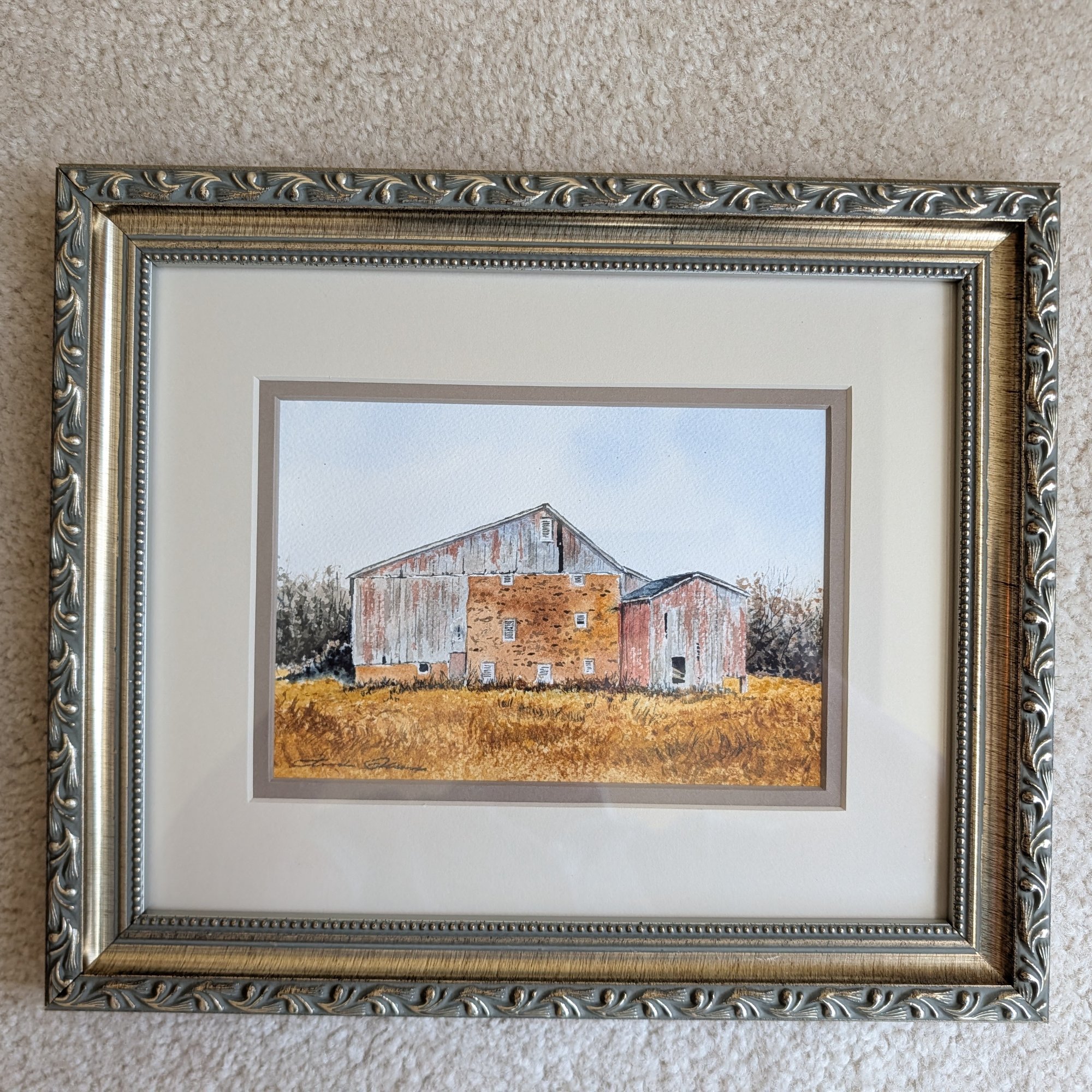 Original Watercolor Weathered Barn Autumn Field Signed Ornate Silver Frame 14x17