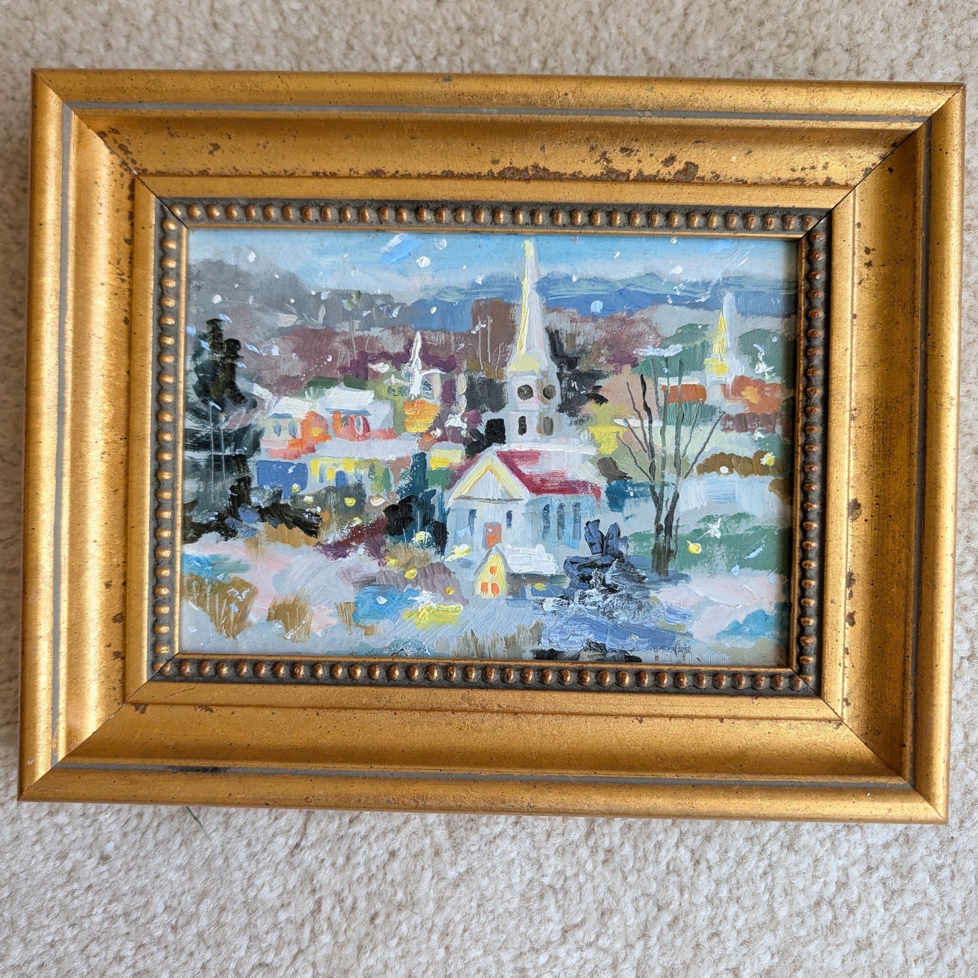 Small Original Oil Painting Winter Village Church Steeples Snow Gold Frame 8x6