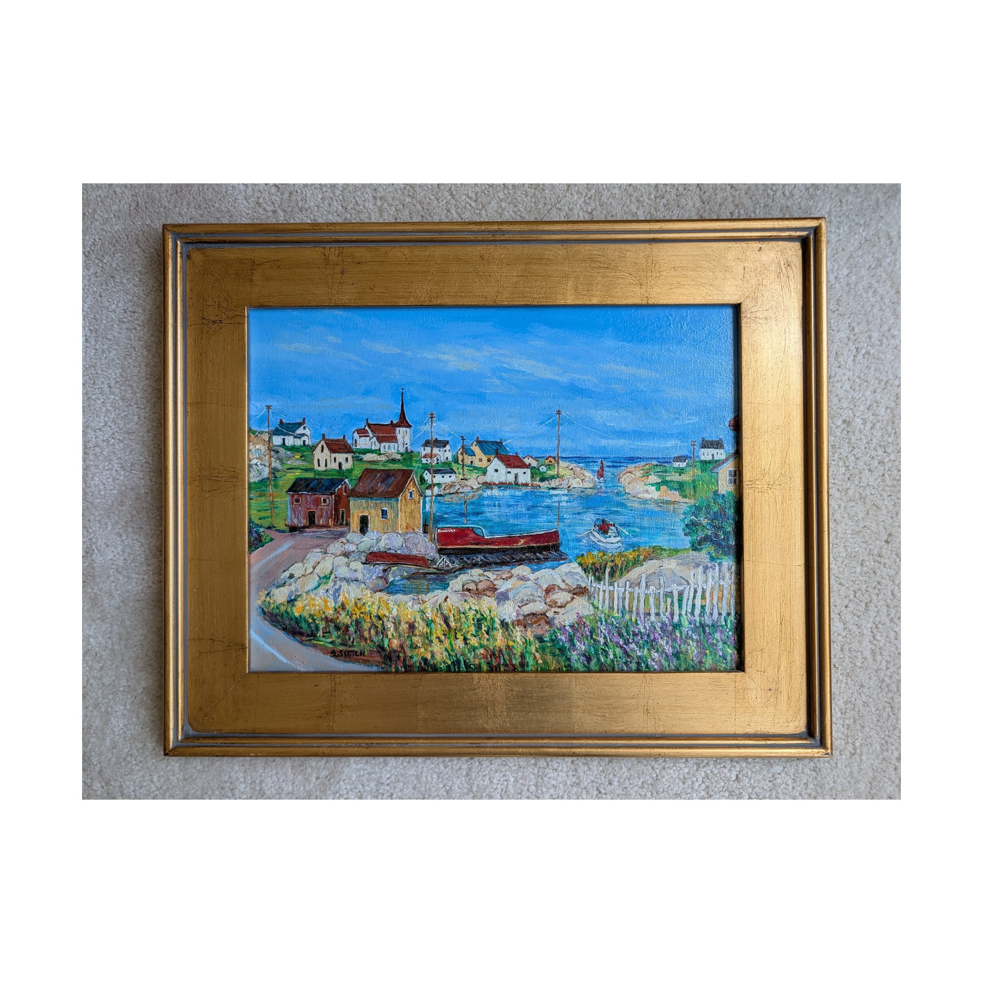 Gale Shanks Scotch Original Oil Painting Peggys Cove Nova Scotia Harbor Framed
