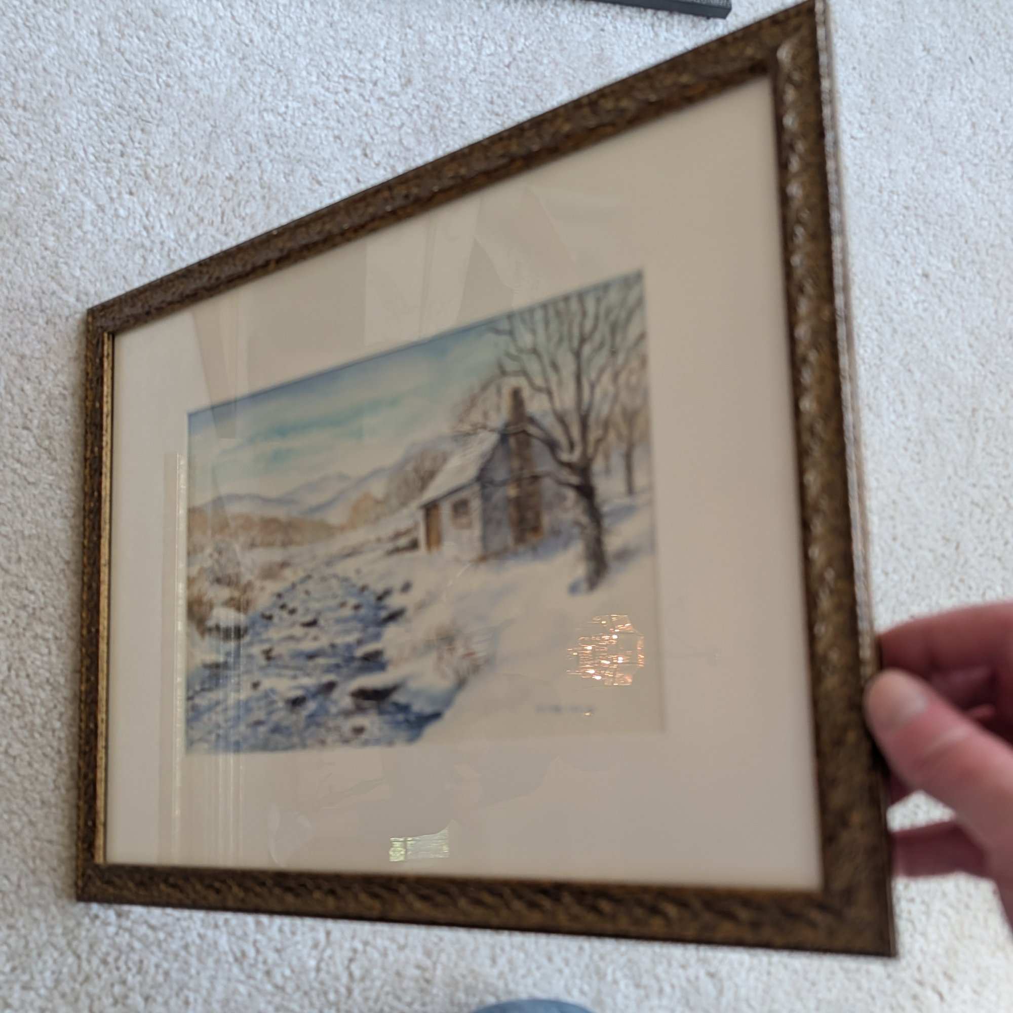 E. H. Blumberg Signed Original Watercolor Winter Stone Cottage Mountain Stream Framed 16x13
