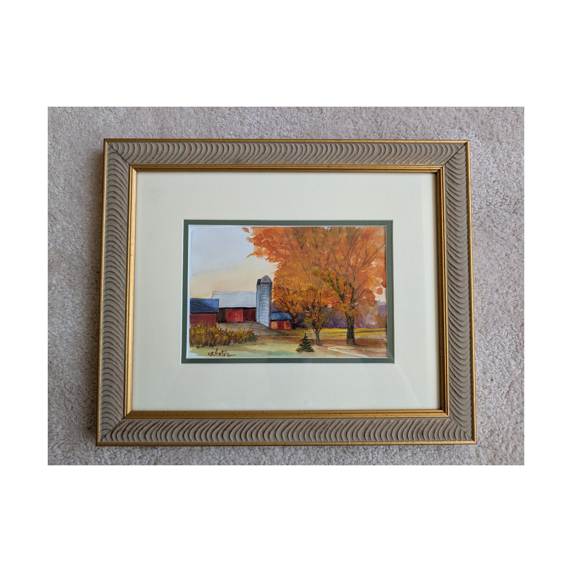 M.E. Ventola Original Watercolor Autumn Red Barn Silo Fall Farm Scene Framed