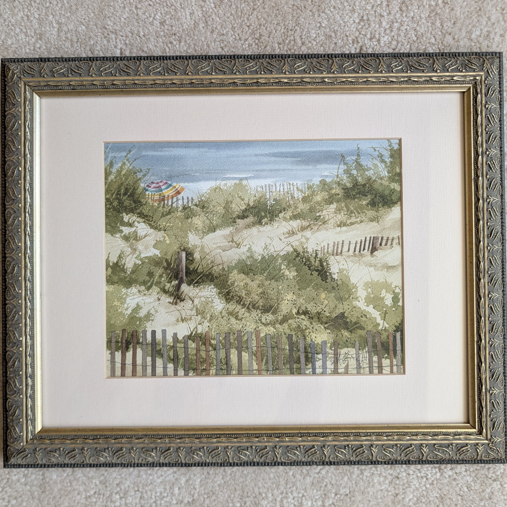 B. McGettigan Original Watercolor Beach Dunes Snow Fence Umbrella 2000 Framed