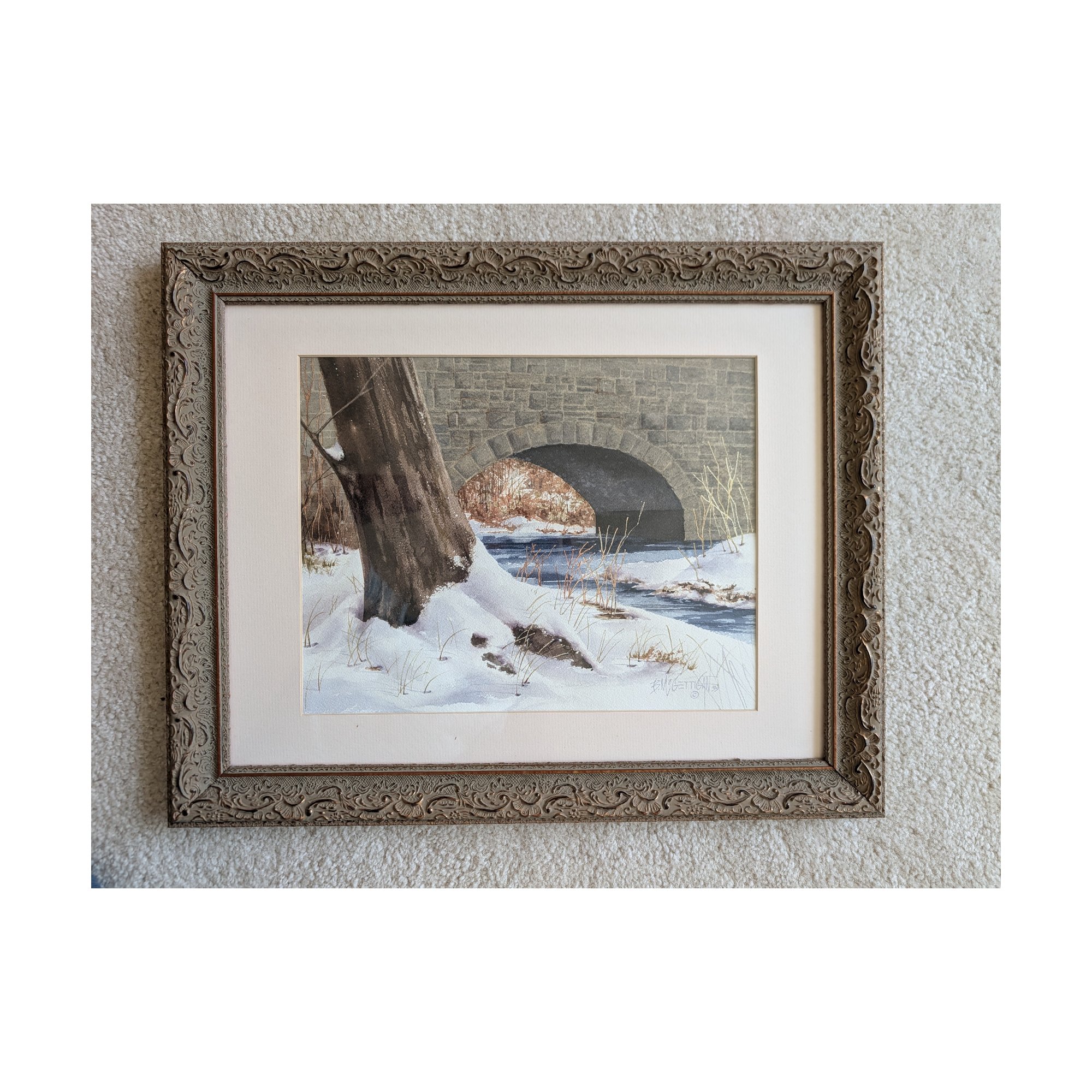 B. McGettigan Original Watercolor Stone Arch Bridge Winter Creek 1999 Ornate Frame 18x22