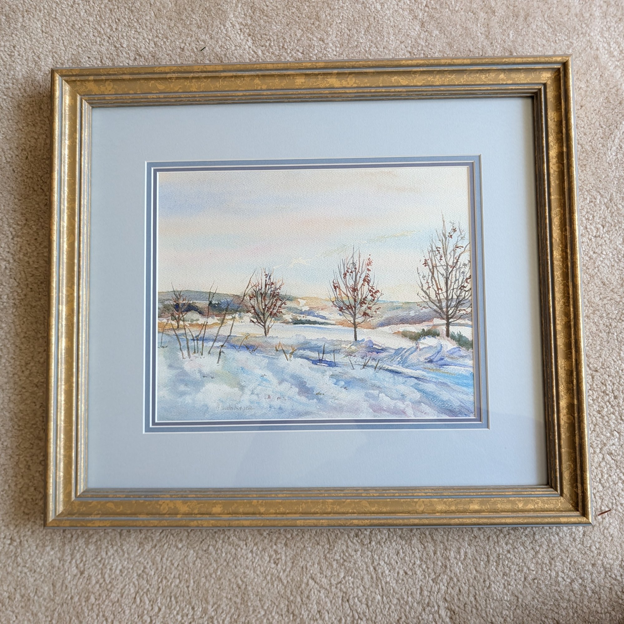 Pamela Parsons Original Watercolor Morning Snow Bucks County PA Winter Framed