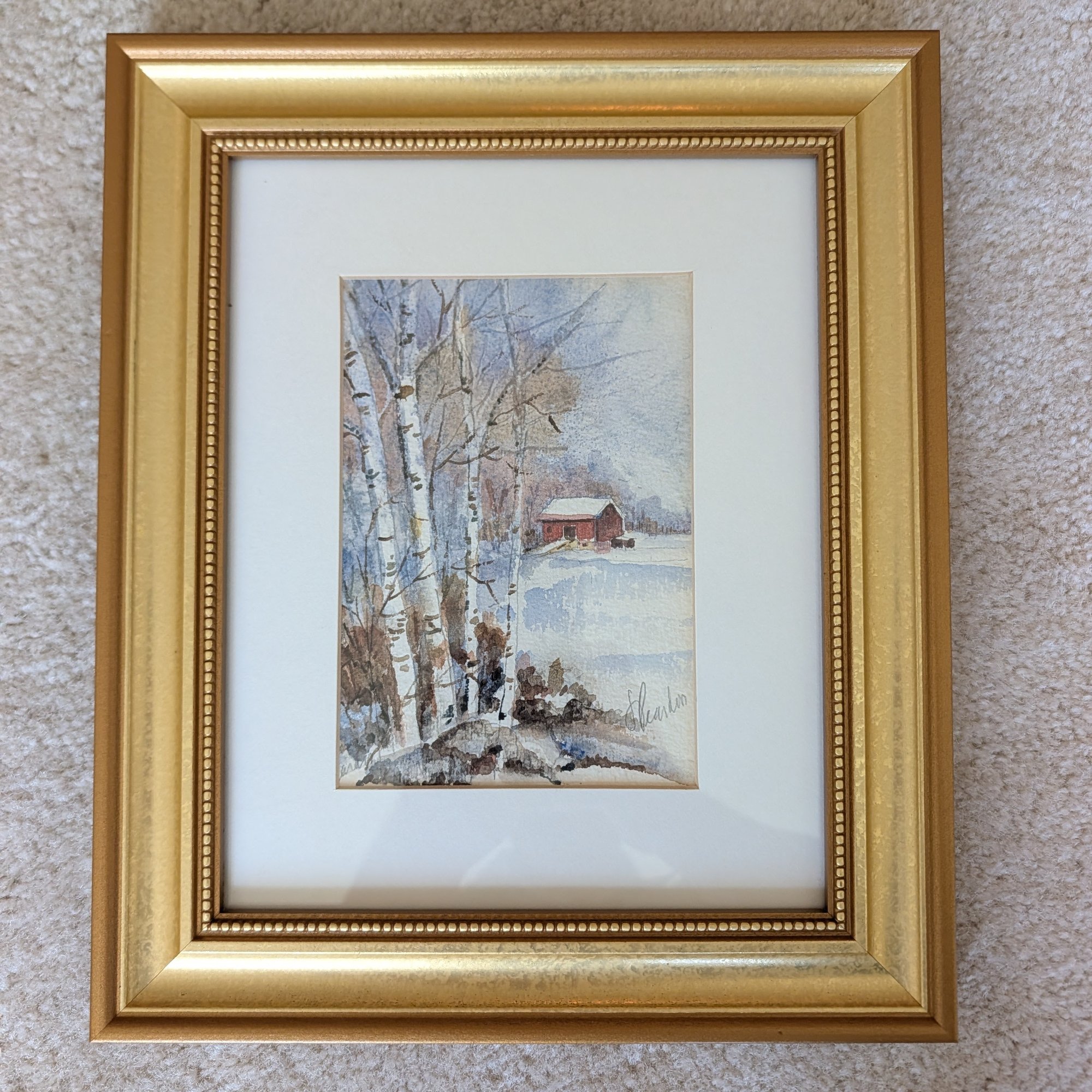Original Watercolor Winter Birch Trees Red Barn Snow Landscape Signed Gold Frame