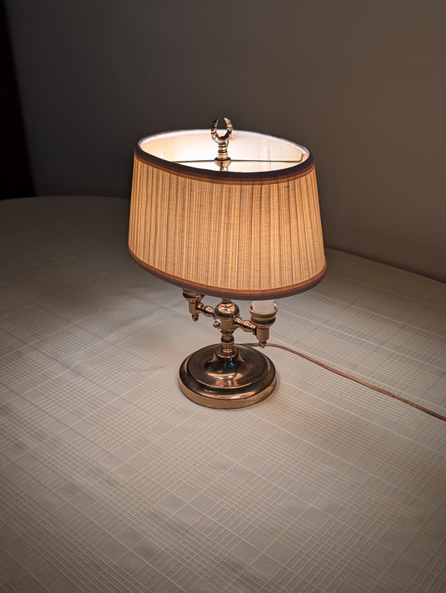 Vintage Brass Bouillotte-Style Table Lamp, 2-Arm Candelabra, Oval Pleated Shade