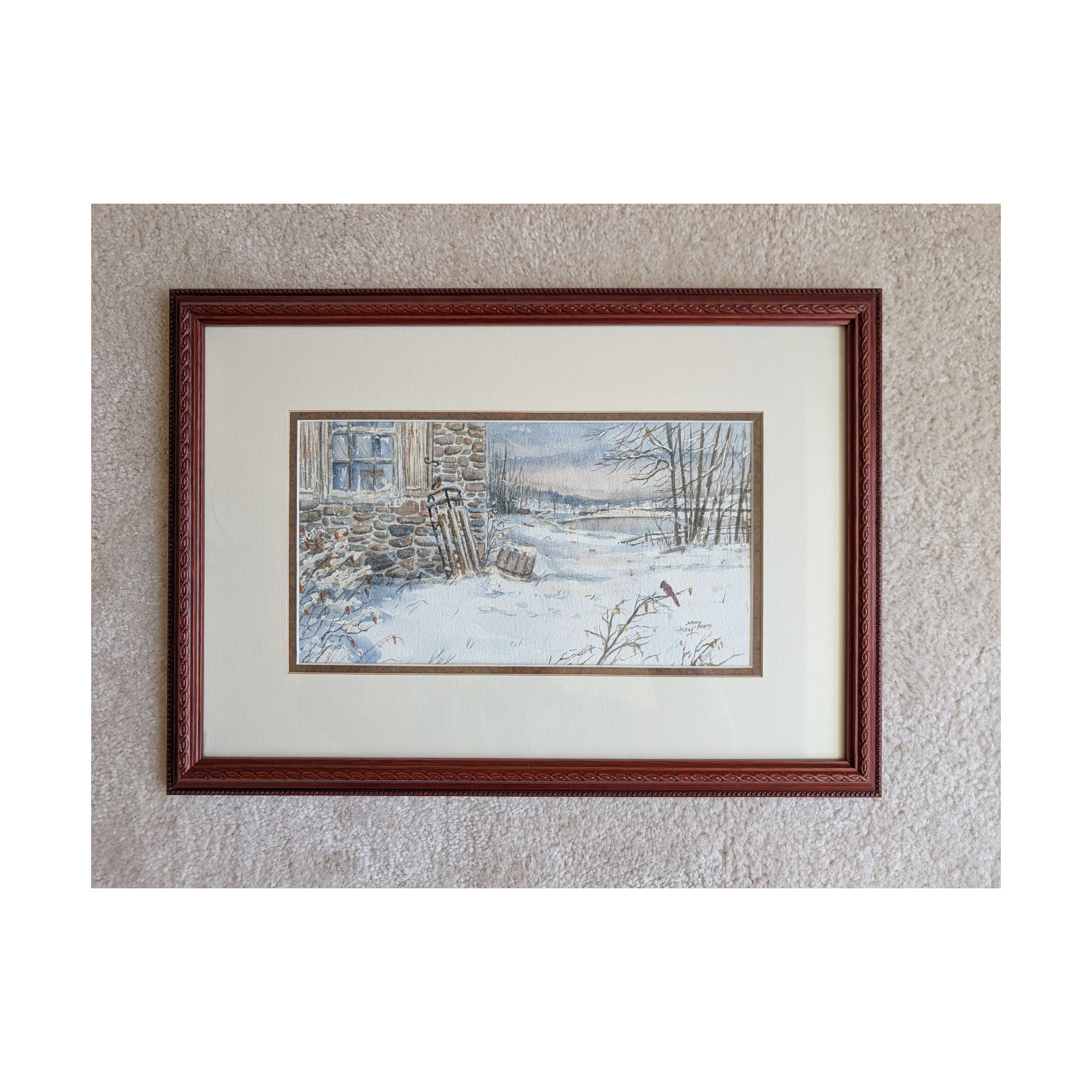 Sandy Askey-Adams Original Watercolor Winter Cardinal Stone Farmhouse Framed