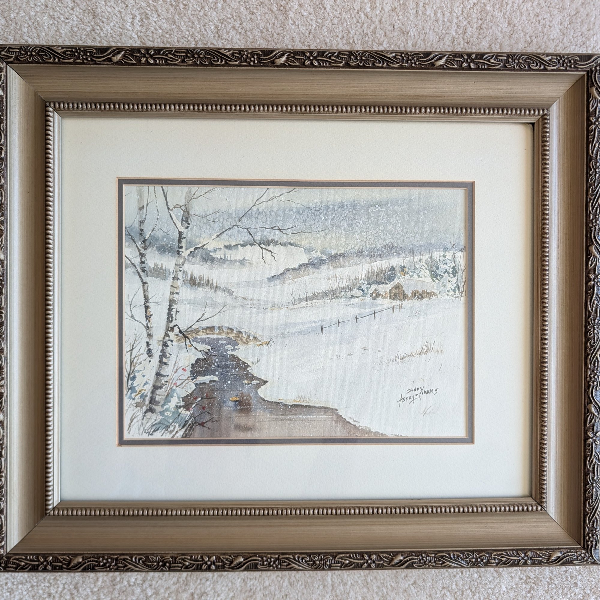 Sandy Askey-Adams Original Watercolor Winter Birches Stream Farmhouse Snow Framed